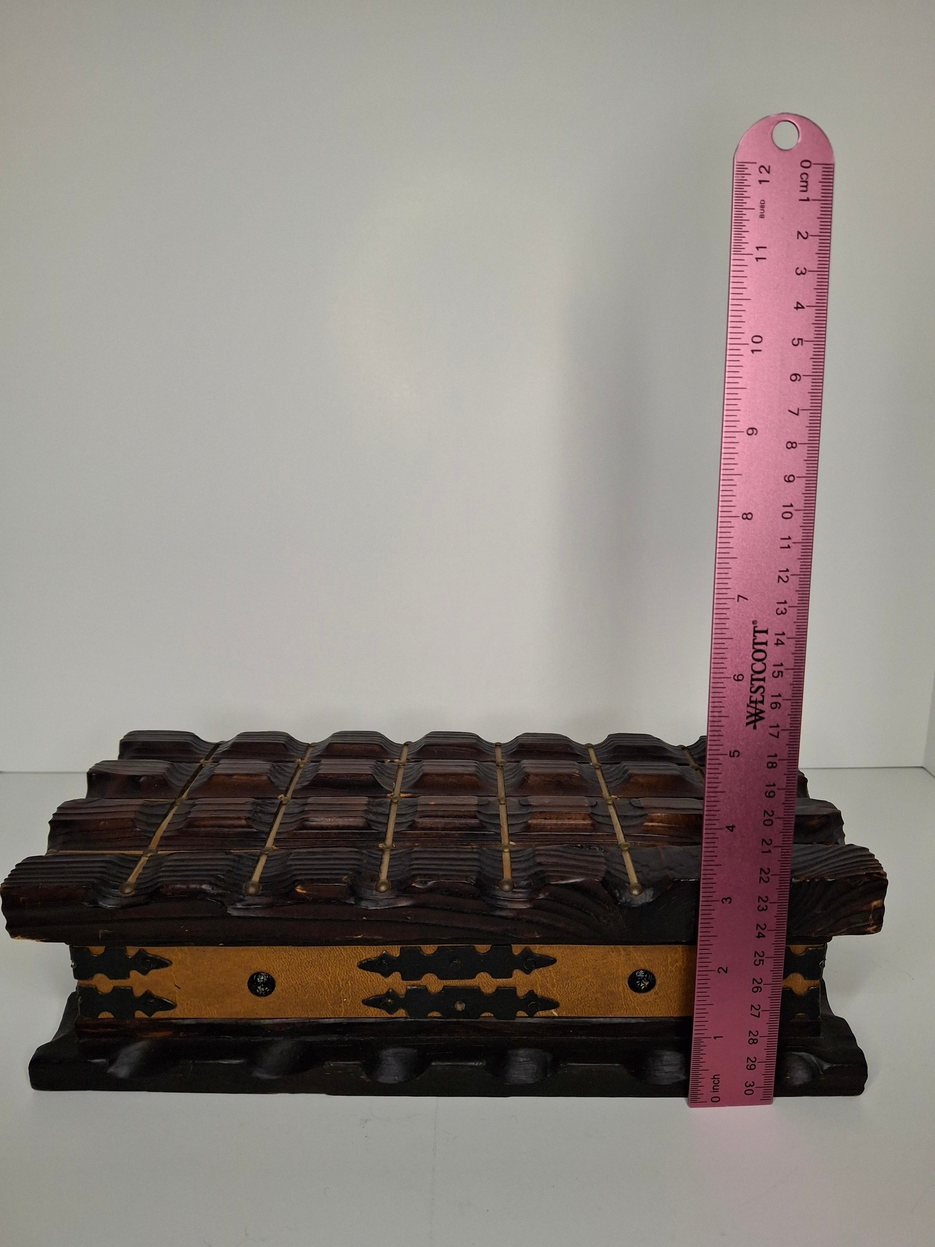 Vintage Spanish Hand-Carved Ornate Wooden Jewelry Box - Limited Edition - Brass Accents, Leather & Red Velvet