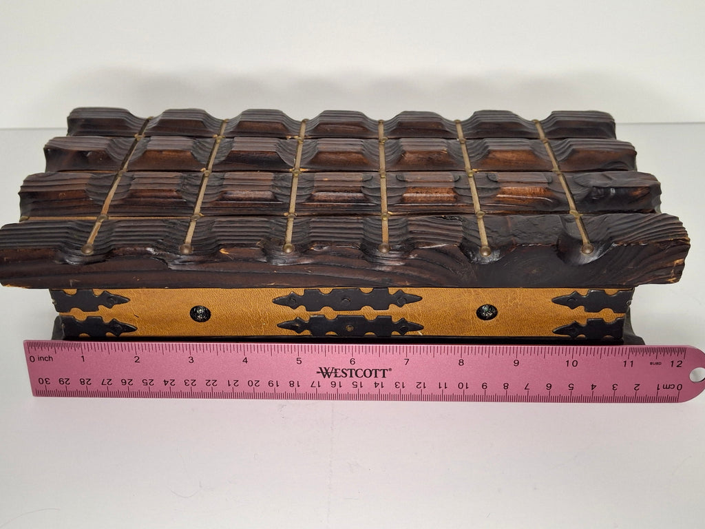 Vintage Spanish Hand-Carved Ornate Wooden Jewelry Box - Limited Edition - Brass Accents, Leather & Red Velvet