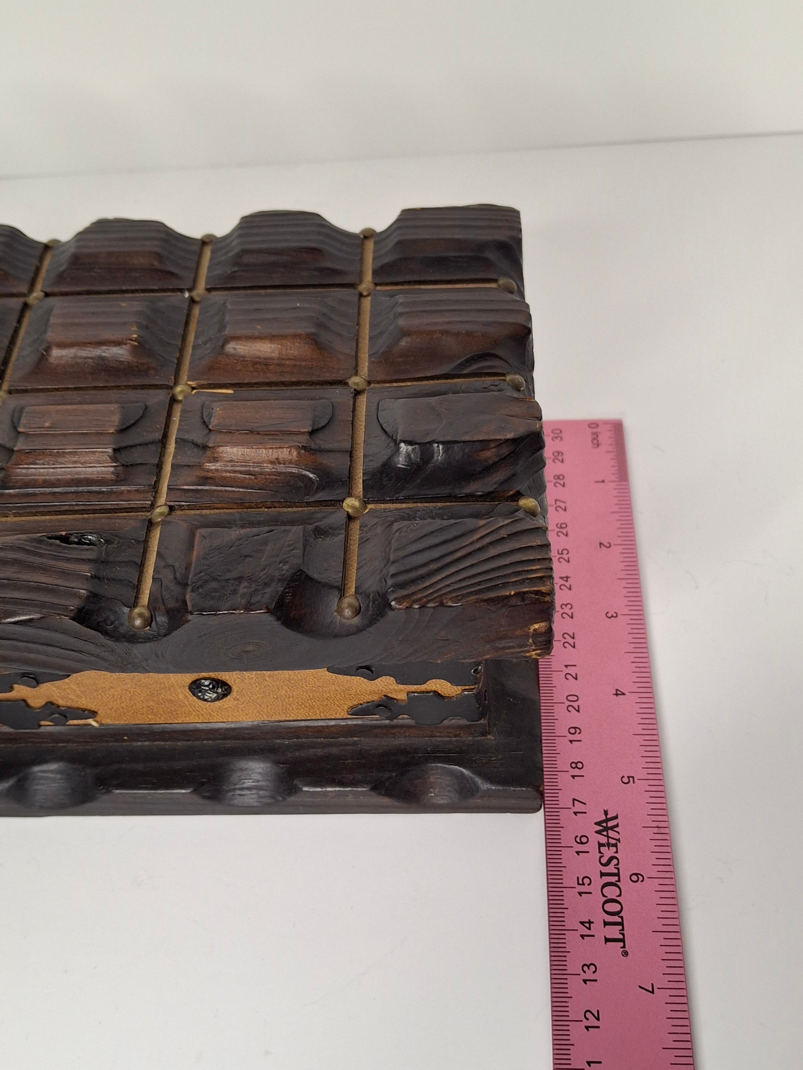 Vintage Spanish Hand-Carved Ornate Wooden Jewelry Box - Limited Edition - Brass Accents, Leather & Red Velvet