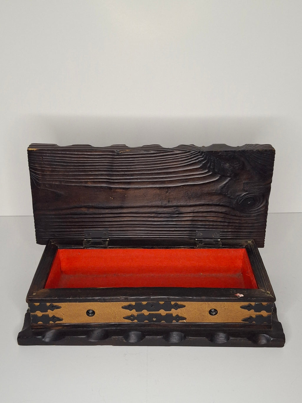 Vintage Spanish Hand-Carved Ornate Wooden Jewelry Box - Limited Edition - Brass Accents, Leather & Red Velvet