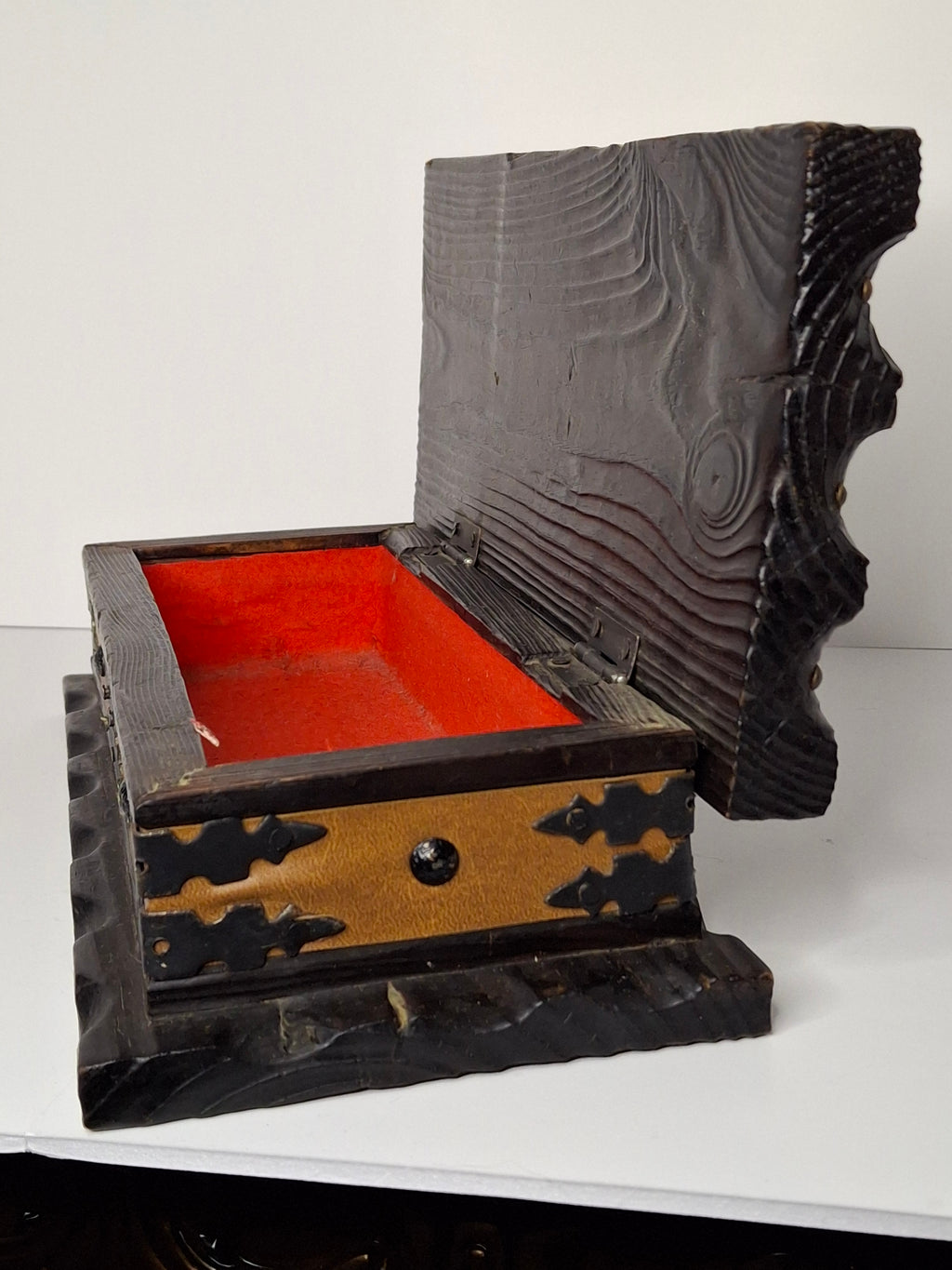 Vintage Spanish Hand-Carved Ornate Wooden Jewelry Box - Limited Edition - Brass Accents, Leather & Red Velvet