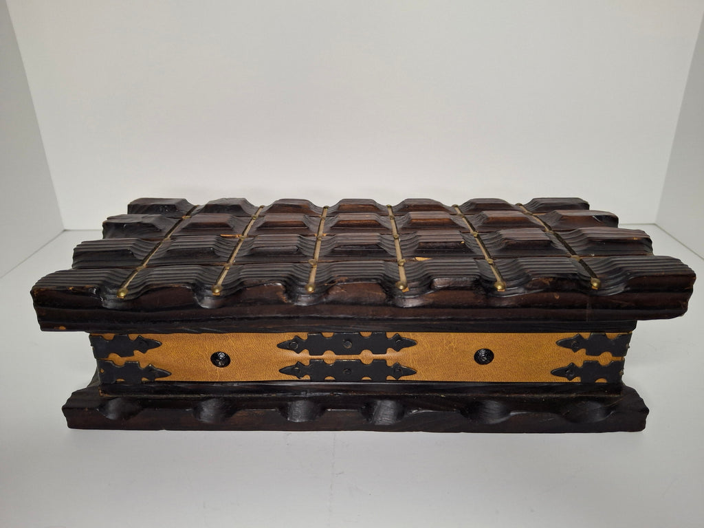 Vintage Spanish Hand-Carved Ornate Wooden Jewelry Box - Limited Edition - Brass Accents, Leather & Red Velvet