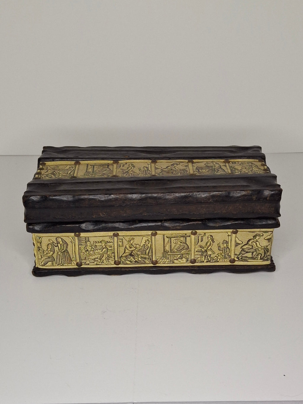 Antique 19th Century European Wooden Document Box with Engraved Leather Panels Depicting Daily Life Scenes - Folk Art Storage Chest