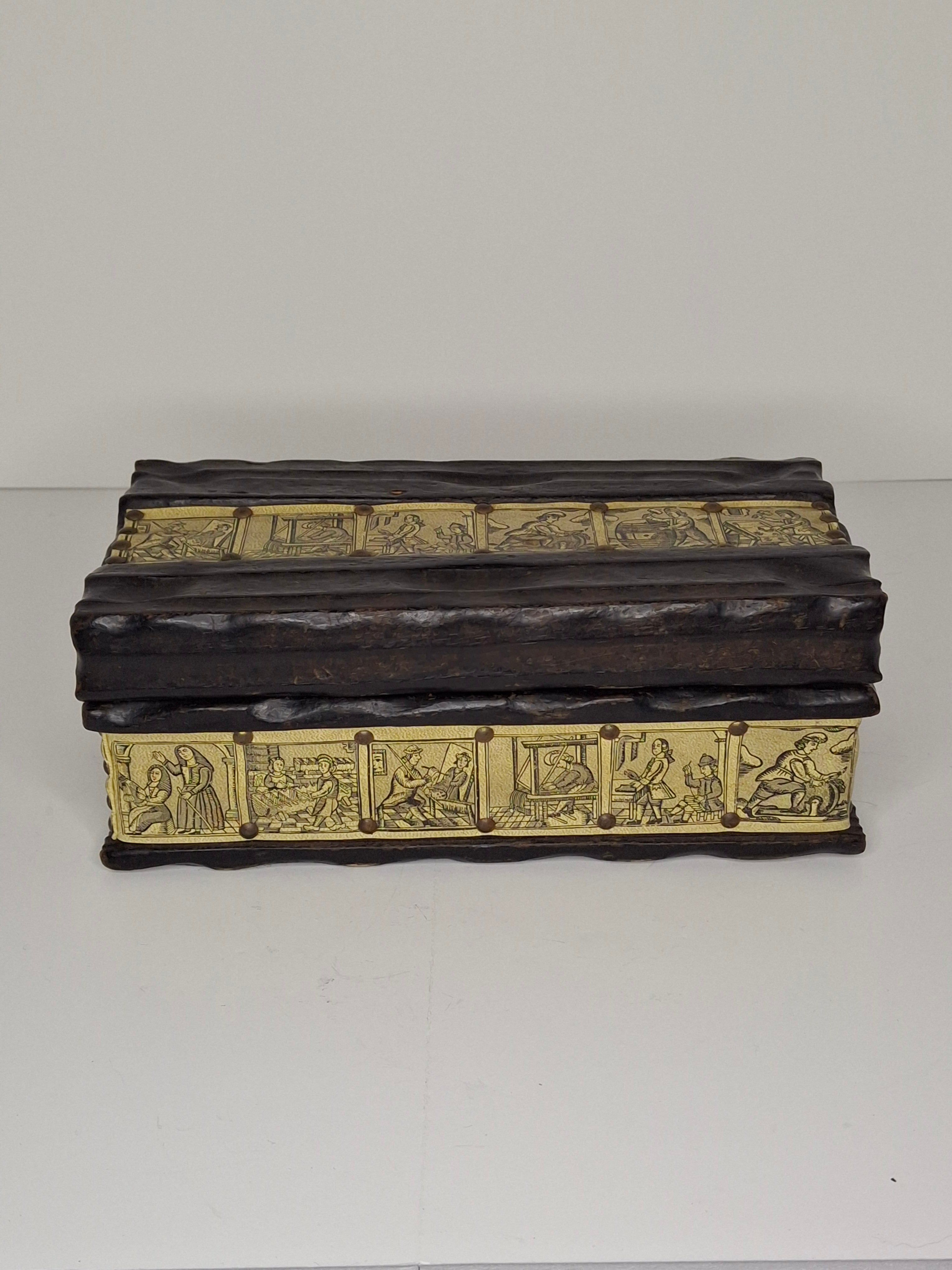 Antique 19th Century European Wooden Document Box with Engraved Leather Panels Depicting Daily Life Scenes - Folk Art Storage Chest