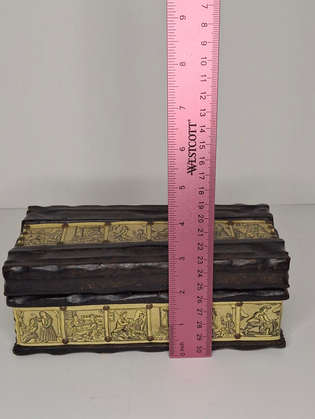 Antique 19th Century European Wooden Document Box with Engraved Leather Panels Depicting Daily Life Scenes - Folk Art Storage Chest