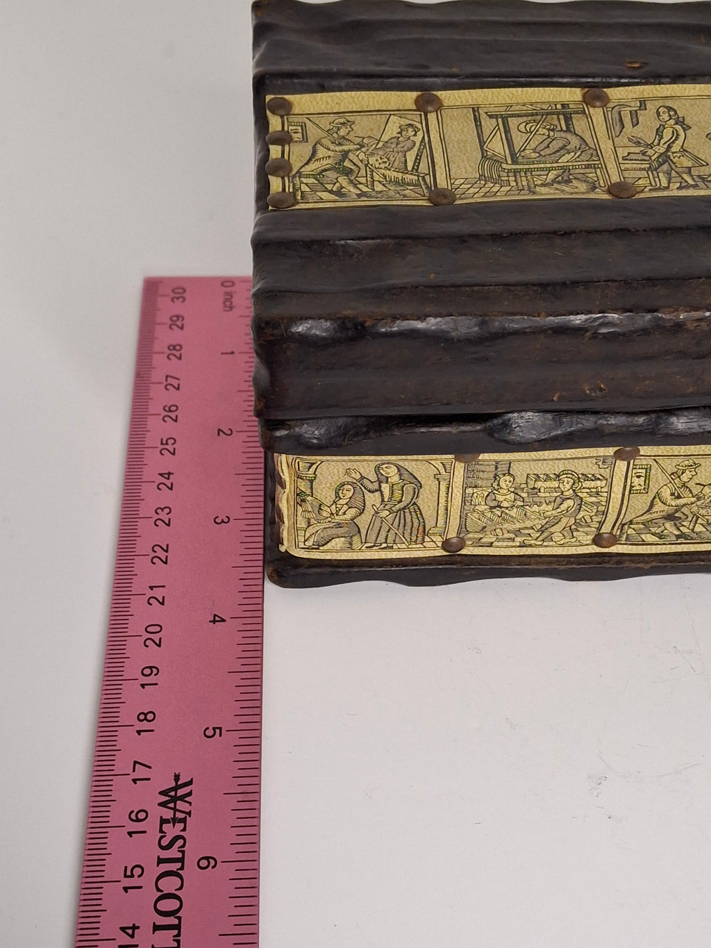 Antique 19th Century European Wooden Document Box with Engraved Leather Panels Depicting Daily Life Scenes - Folk Art Storage Chest