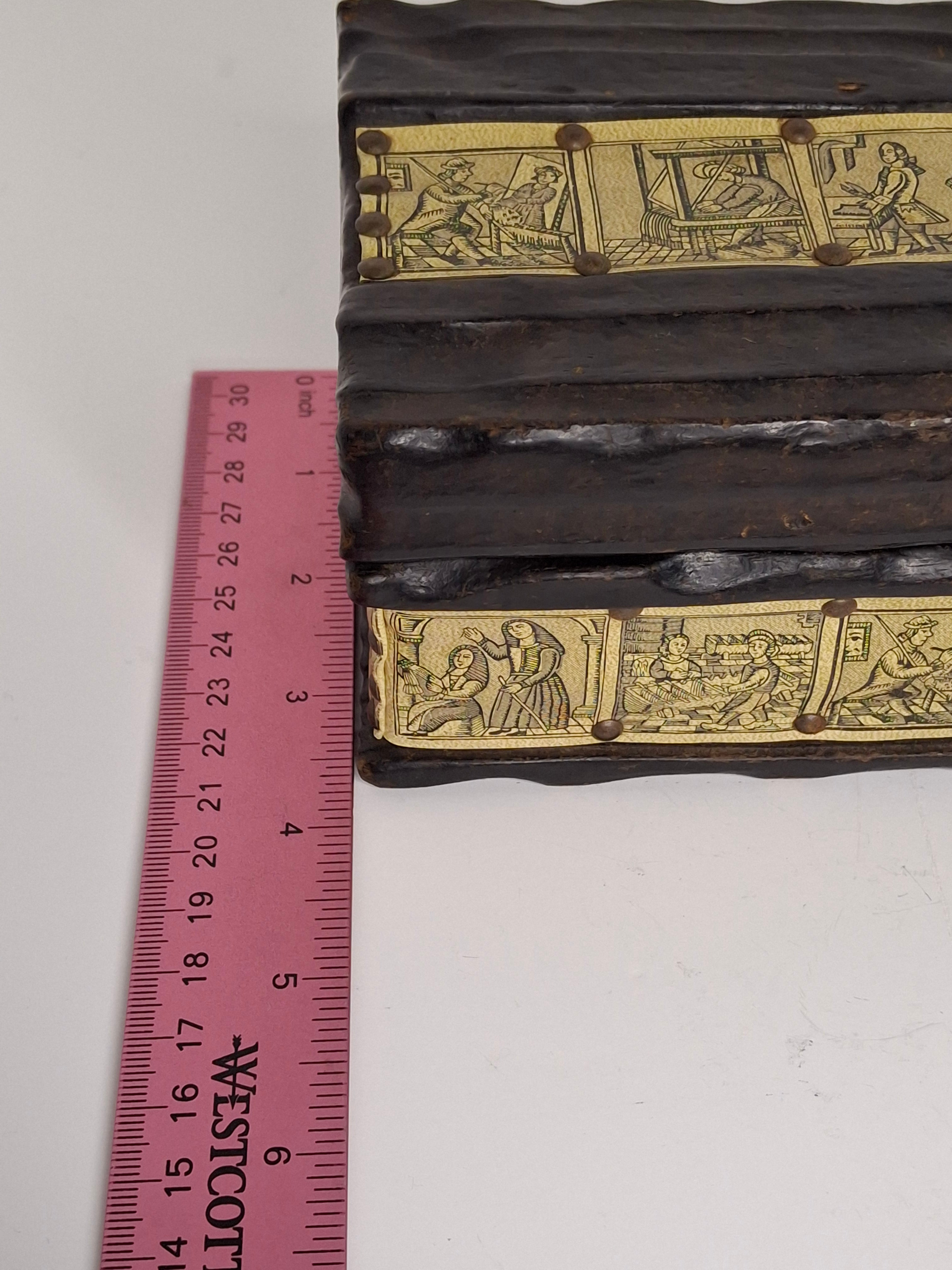 Antique 19th Century European Wooden Document Box with Engraved Leather Panels Depicting Daily Life Scenes - Folk Art Storage Chest