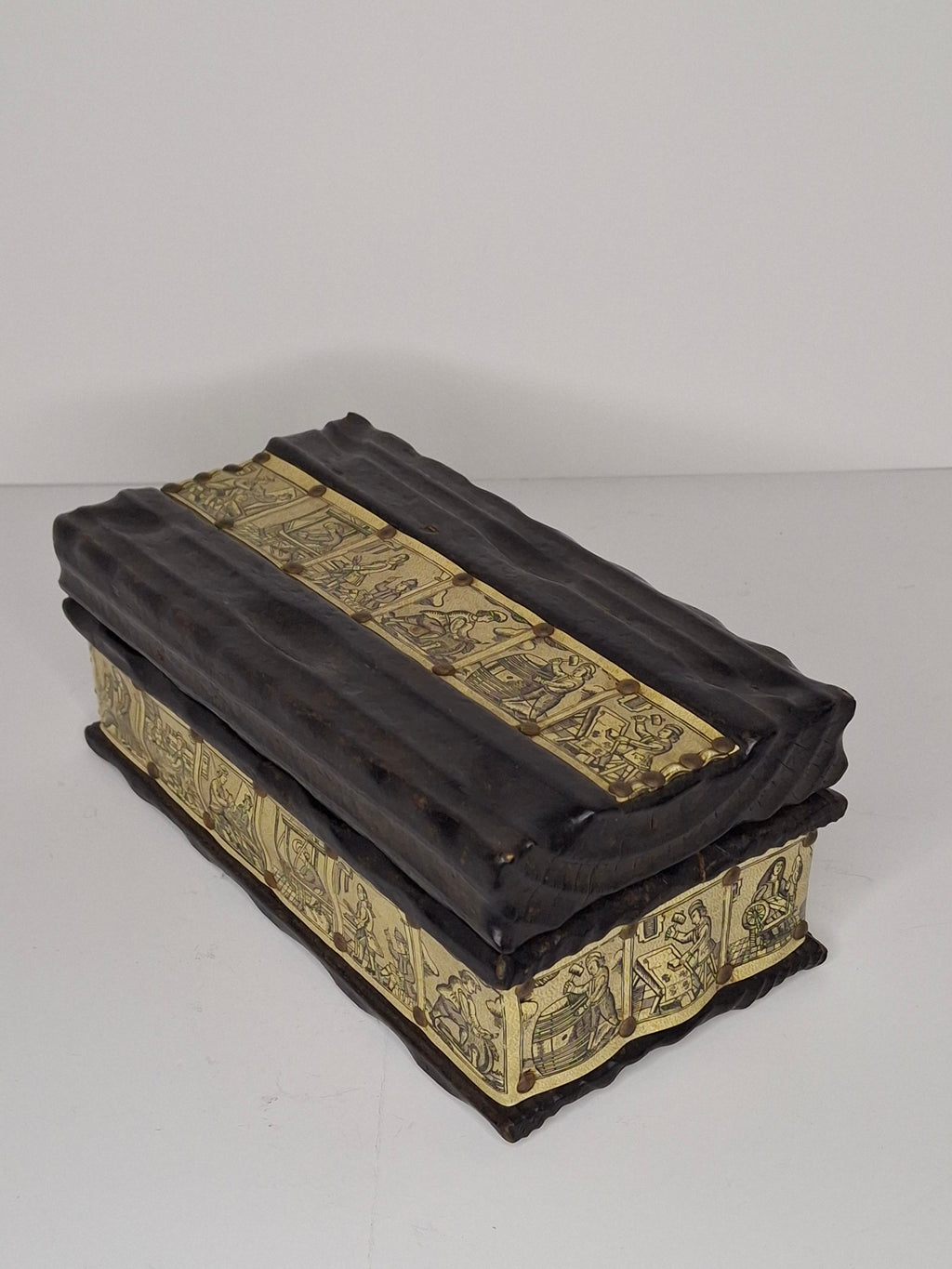 Antique 19th Century European Wooden Document Box with Engraved Leather Panels Depicting Daily Life Scenes - Folk Art Storage Chest