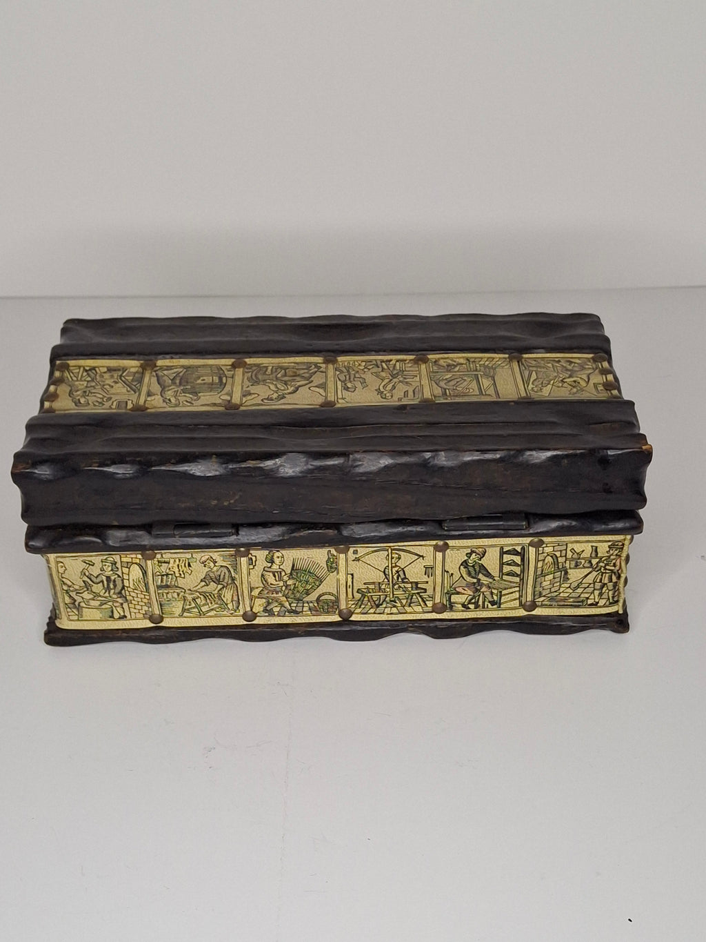 Antique 19th Century European Wooden Document Box with Engraved Leather Panels Depicting Daily Life Scenes - Folk Art Storage Chest