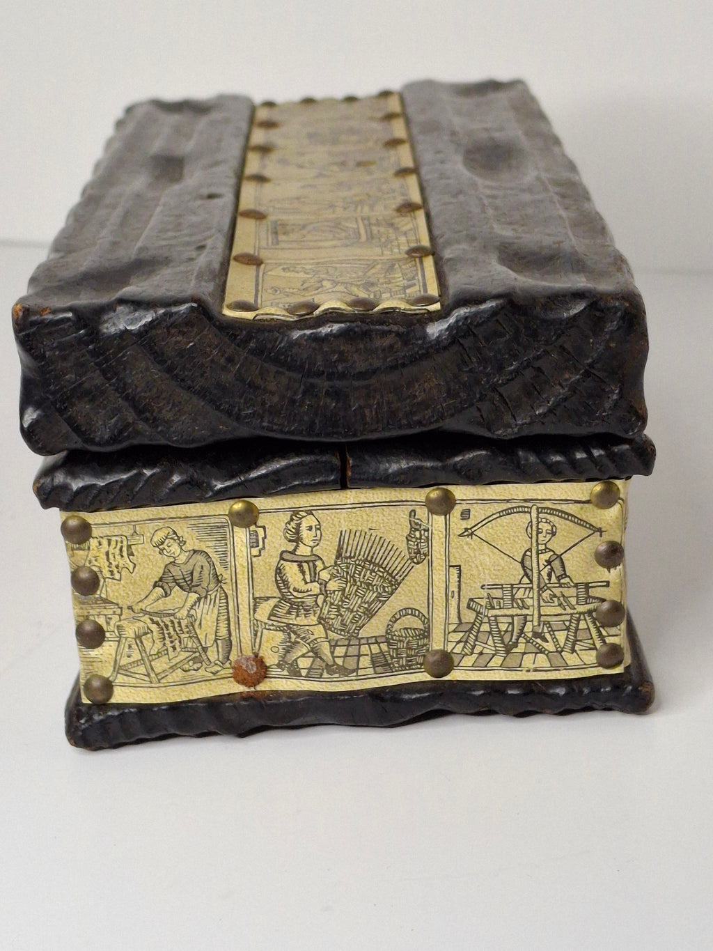 Antique 19th Century European Wooden Document Box with Engraved Leather Panels Depicting Daily Life Scenes - Folk Art Storage Chest