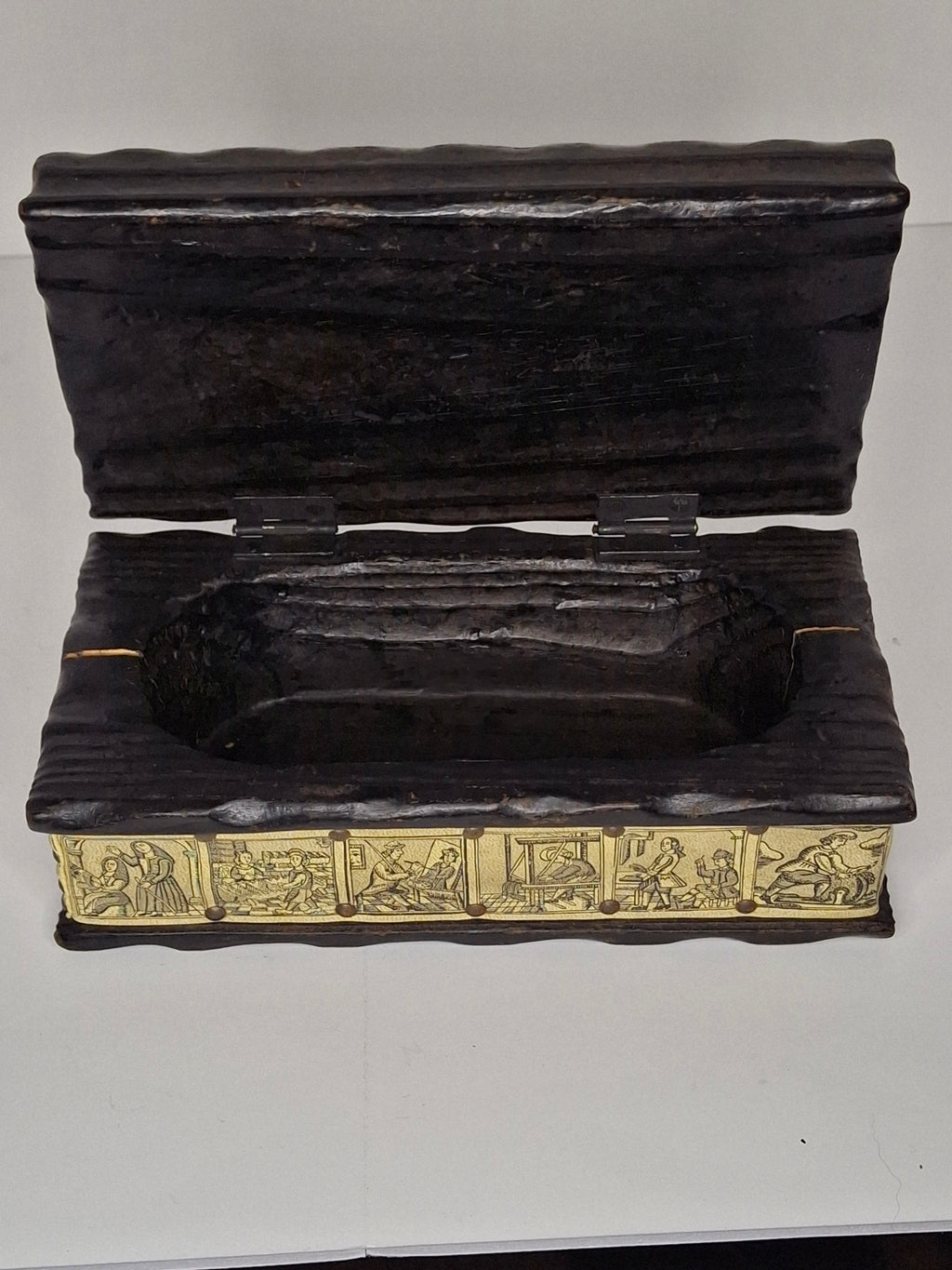 Antique 19th Century European Wooden Document Box with Engraved Leather Panels Depicting Daily Life Scenes - Folk Art Storage Chest