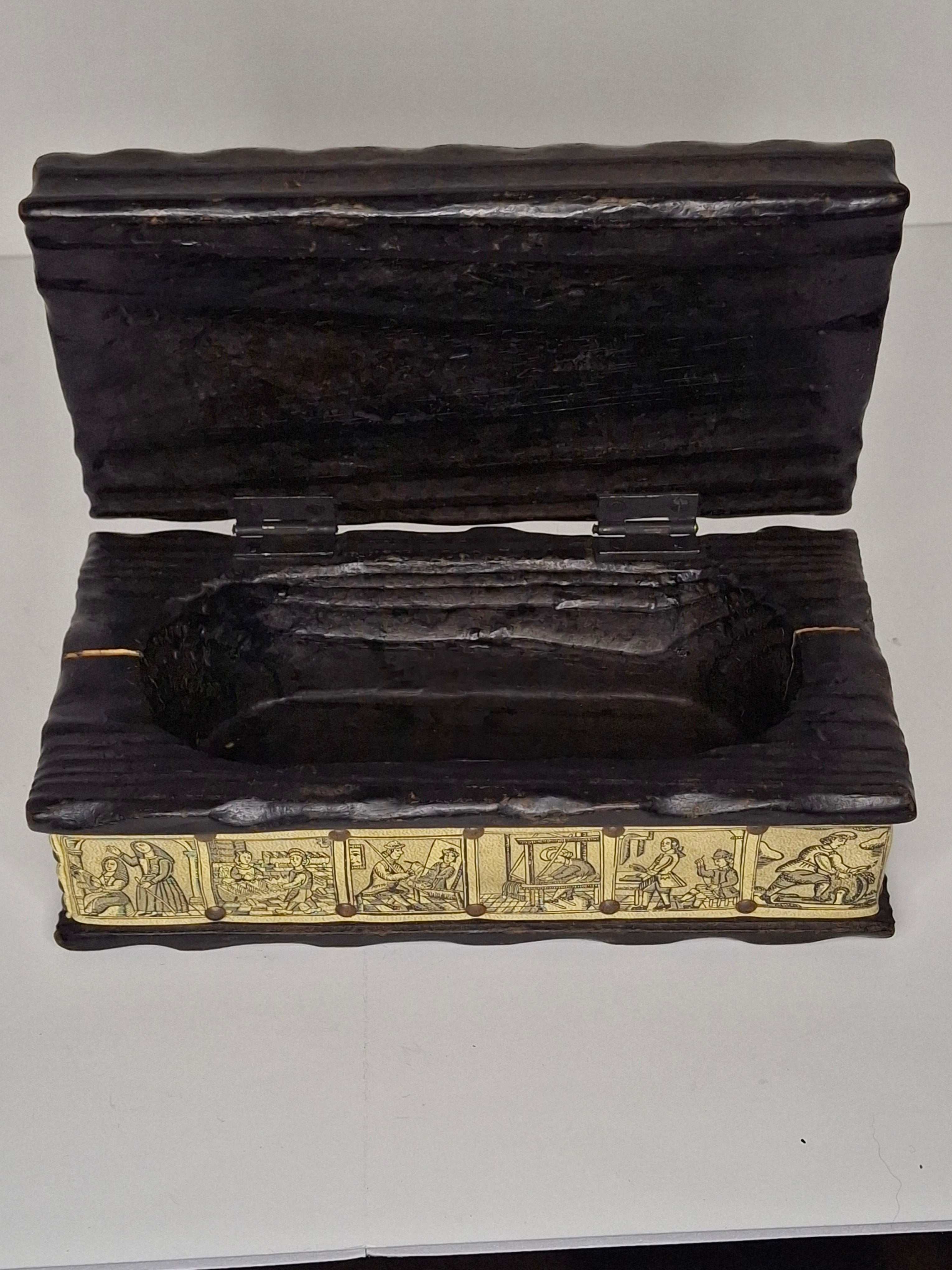 Antique 19th Century European Wooden Document Box with Engraved Leather Panels Depicting Daily Life Scenes - Folk Art Storage Chest