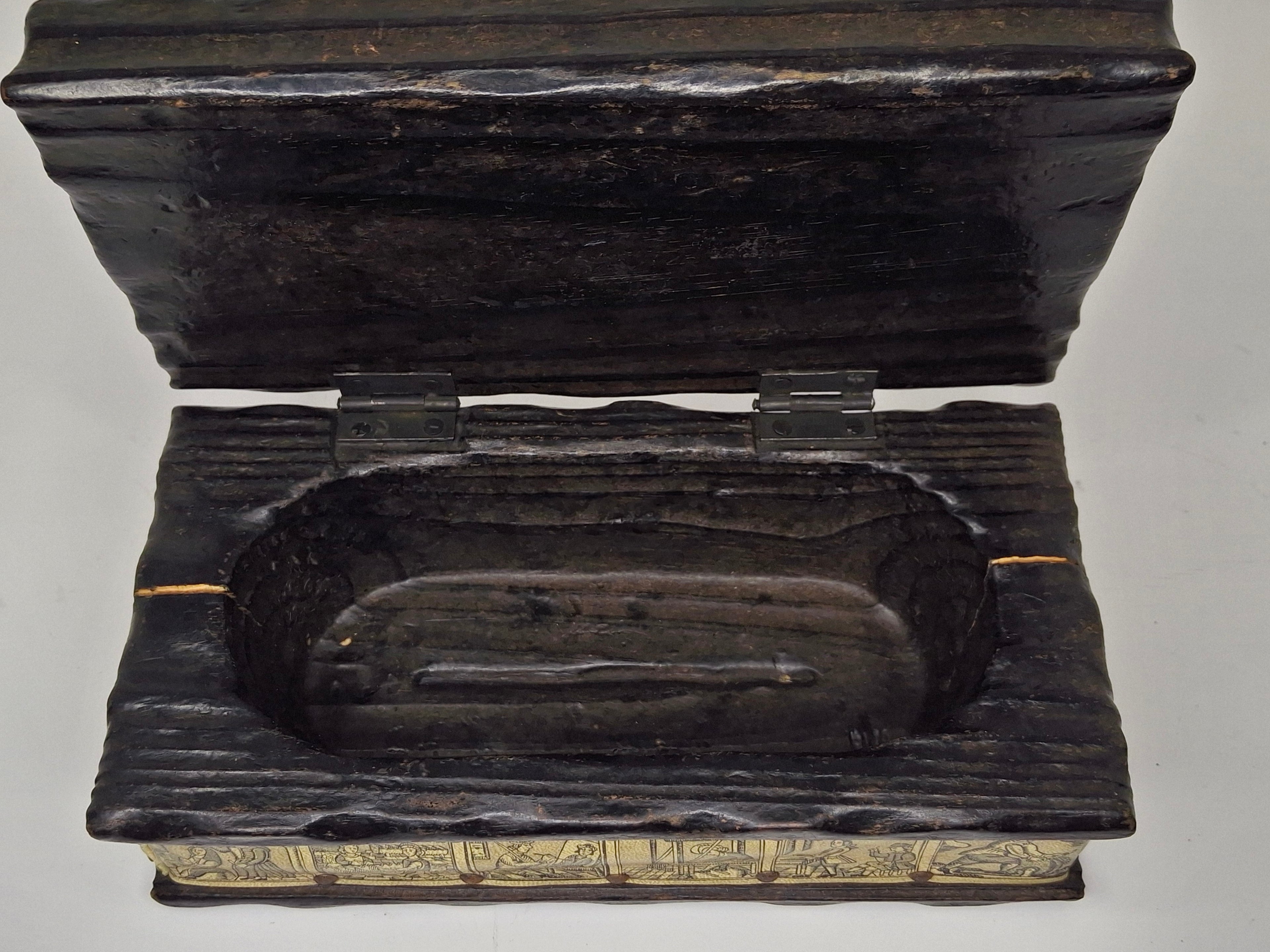 Antique 19th Century European Wooden Document Box with Engraved Leather Panels Depicting Daily Life Scenes - Folk Art Storage Chest