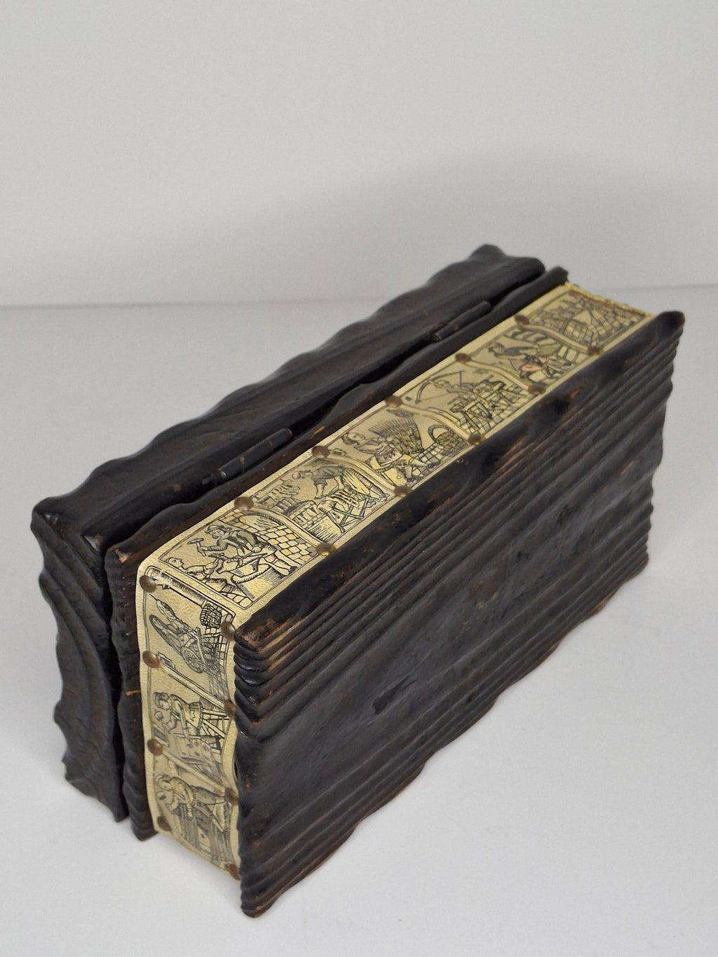 Antique 19th Century European Wooden Document Box with Engraved Leather Panels Depicting Daily Life Scenes - Folk Art Storage Chest