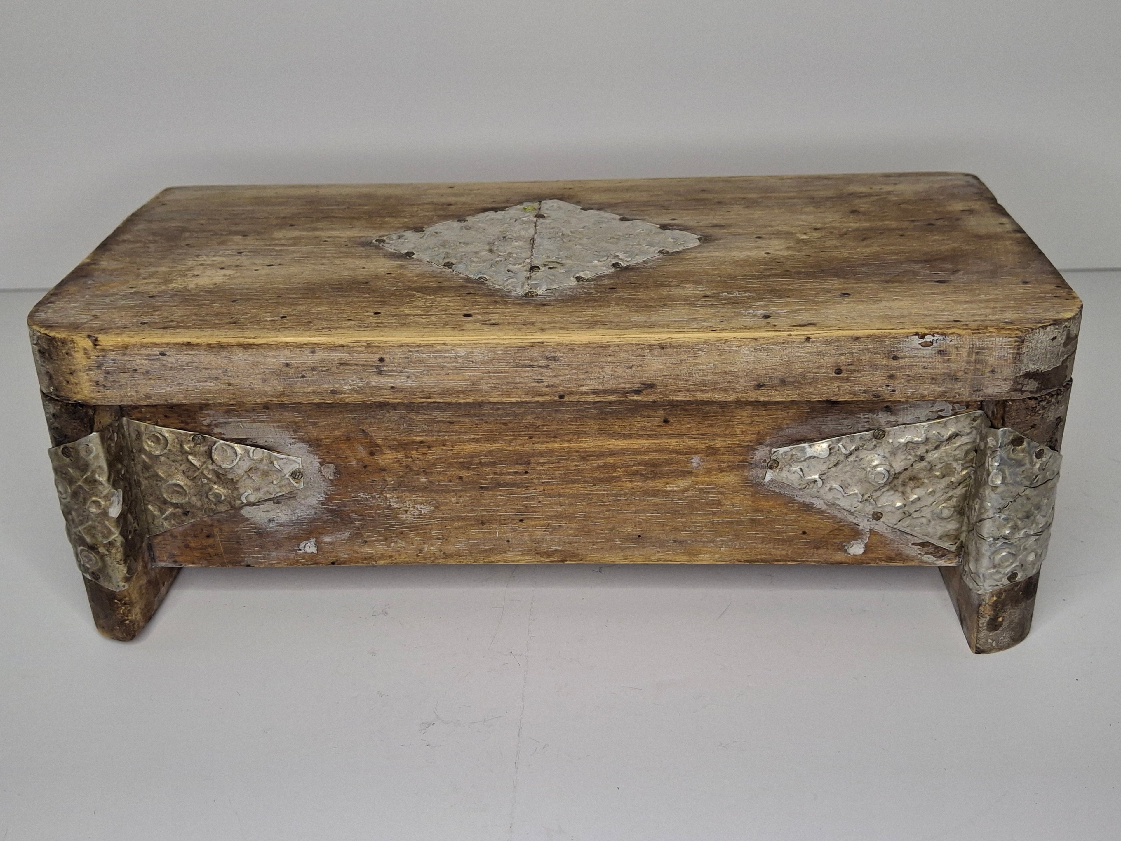 Vintage Antique Wooden Box with Metal Inlay - Rustic Storage Keepsake