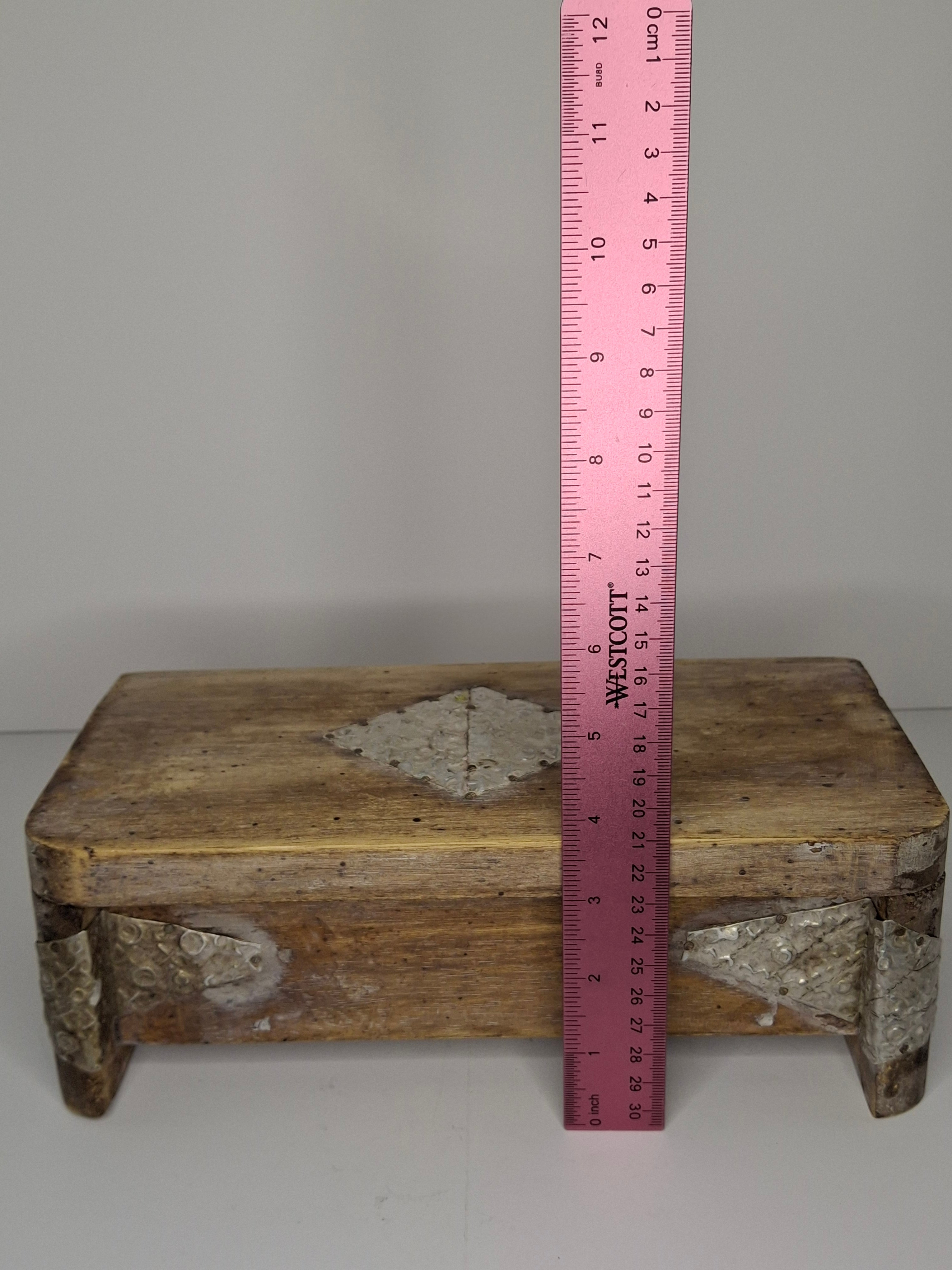 Vintage Antique Wooden Box with Metal Inlay - Rustic Storage Keepsake