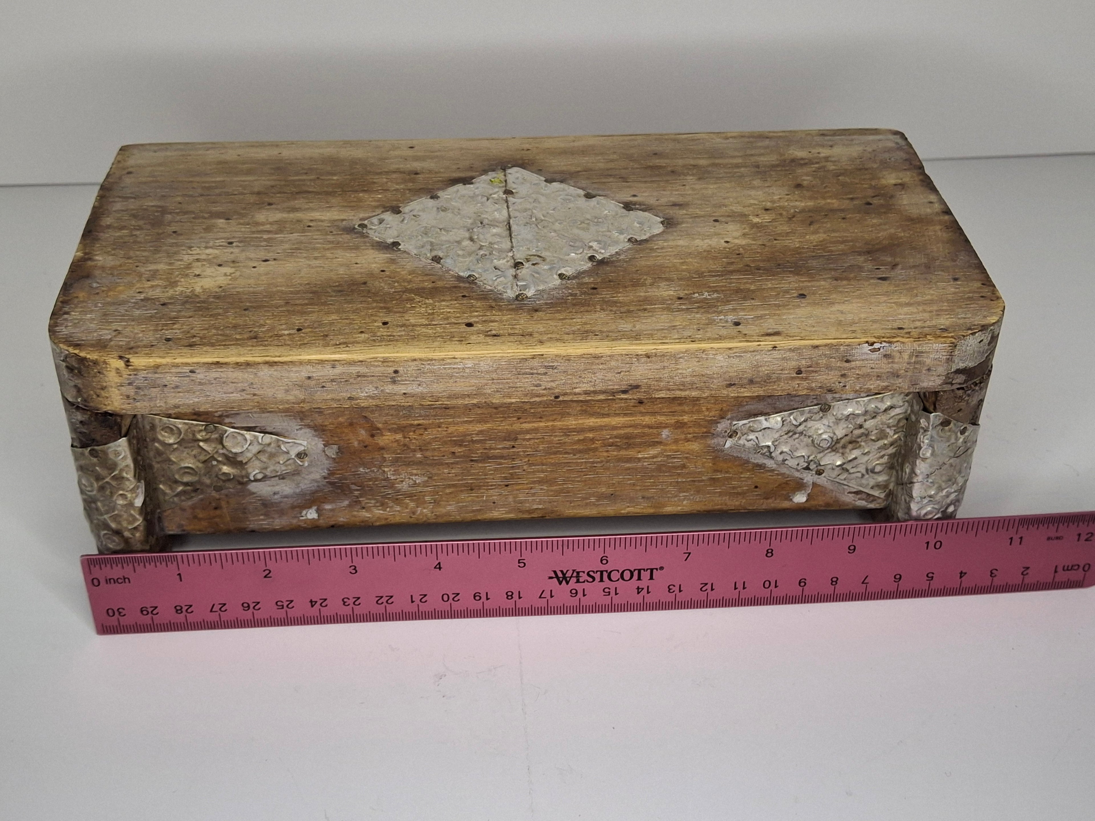 Vintage Antique Wooden Box with Metal Inlay - Rustic Storage Keepsake