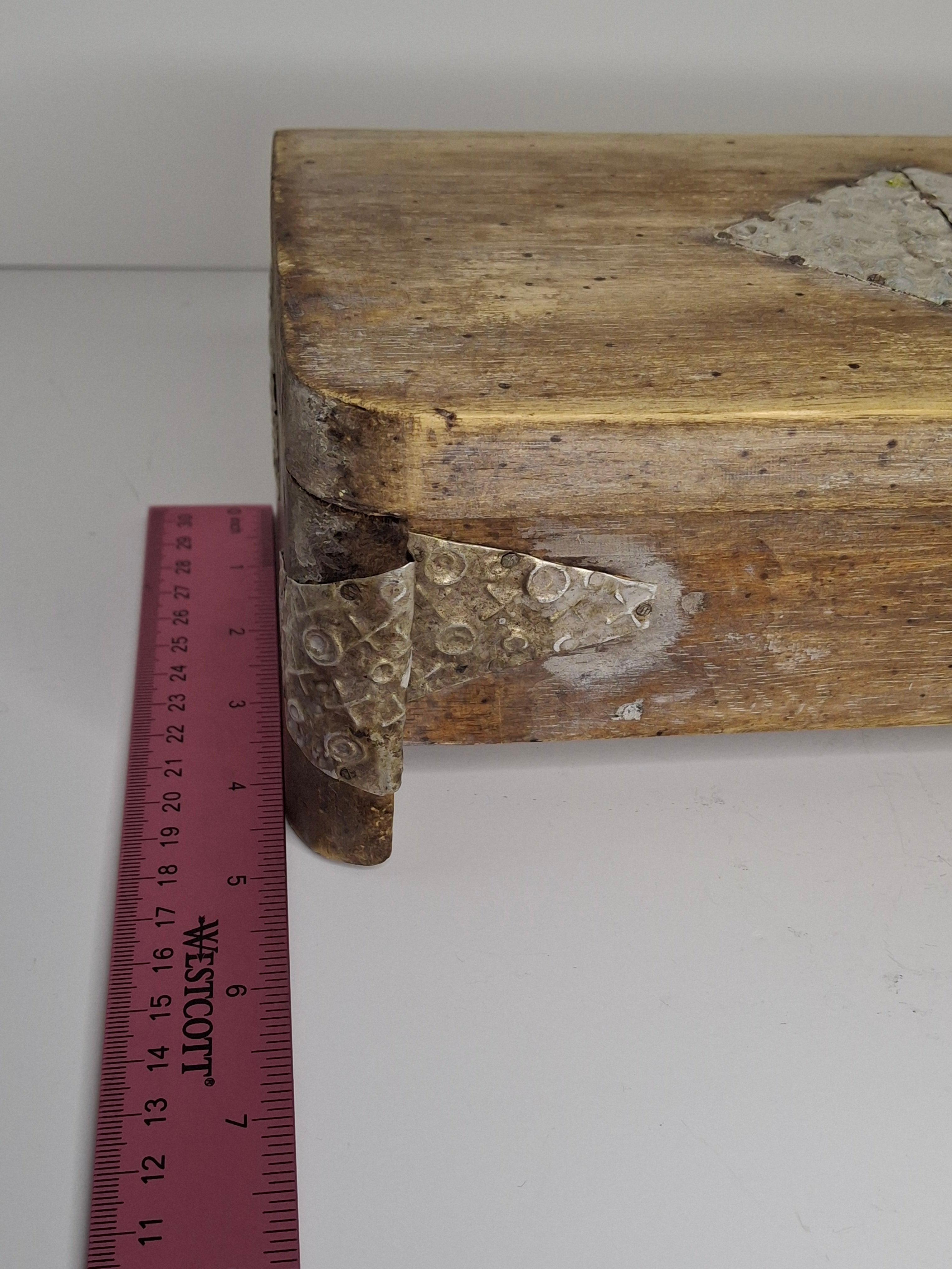 Vintage Antique Wooden Box with Metal Inlay - Rustic Storage Keepsake