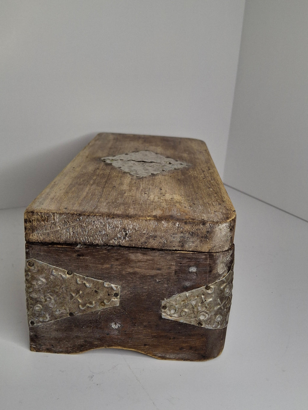 Vintage Wooden Box with Metal Inlay - Rustic Storage Keepsake