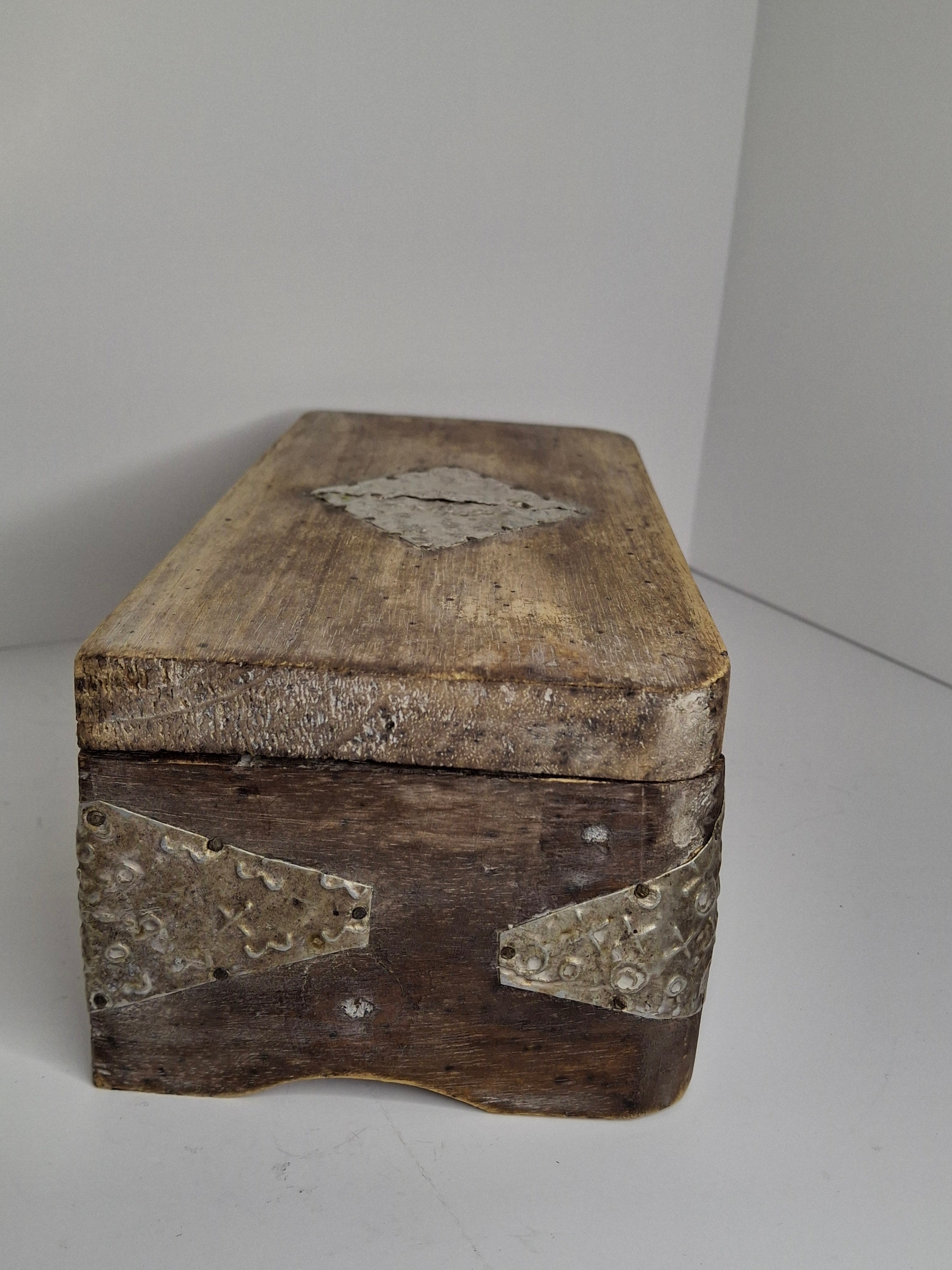Vintage Wooden Box with Metal Inlay - Rustic Storage Keepsake
