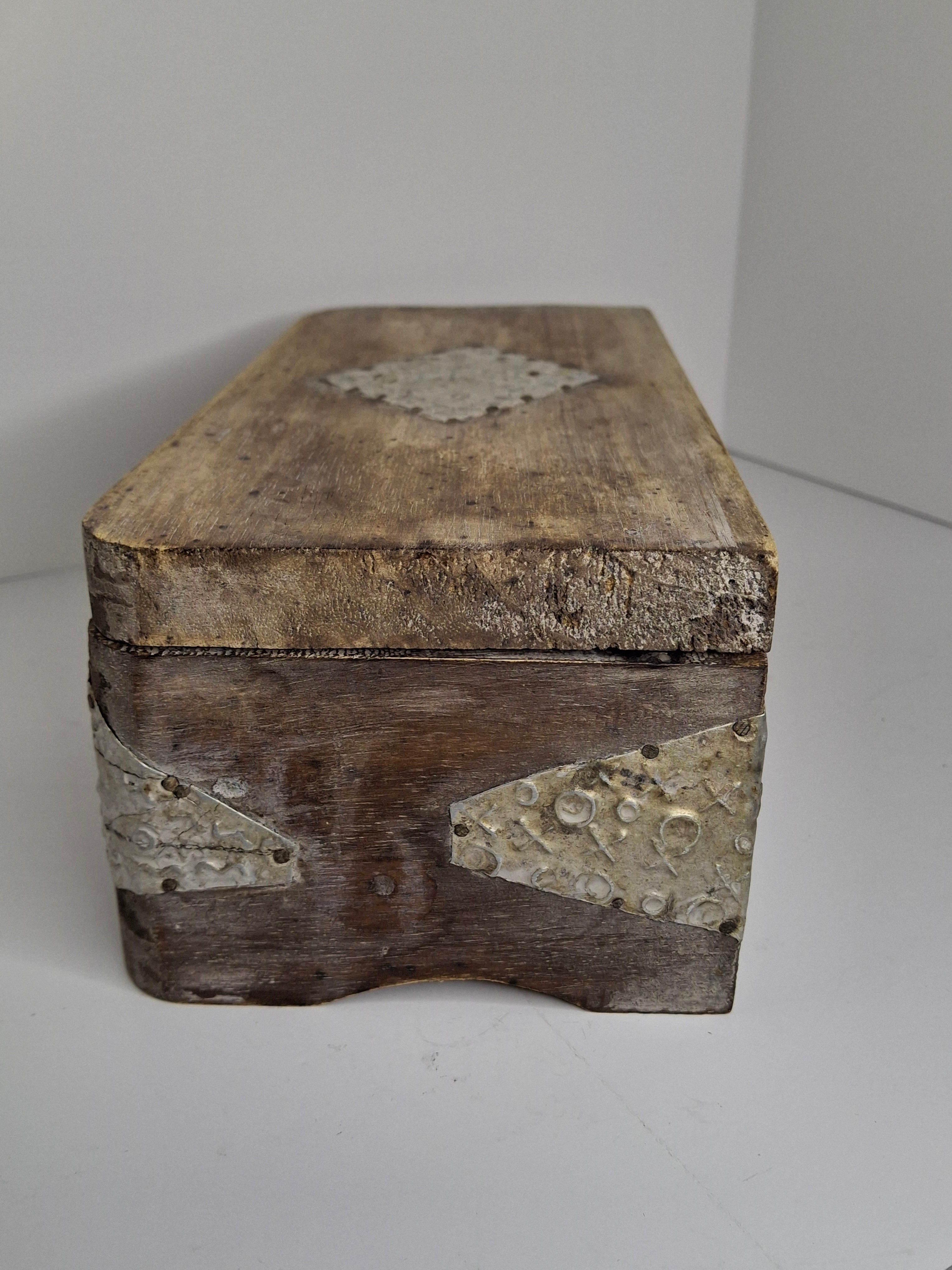 Vintage Antique Wooden Box with Metal Inlay - Rustic Storage Keepsake