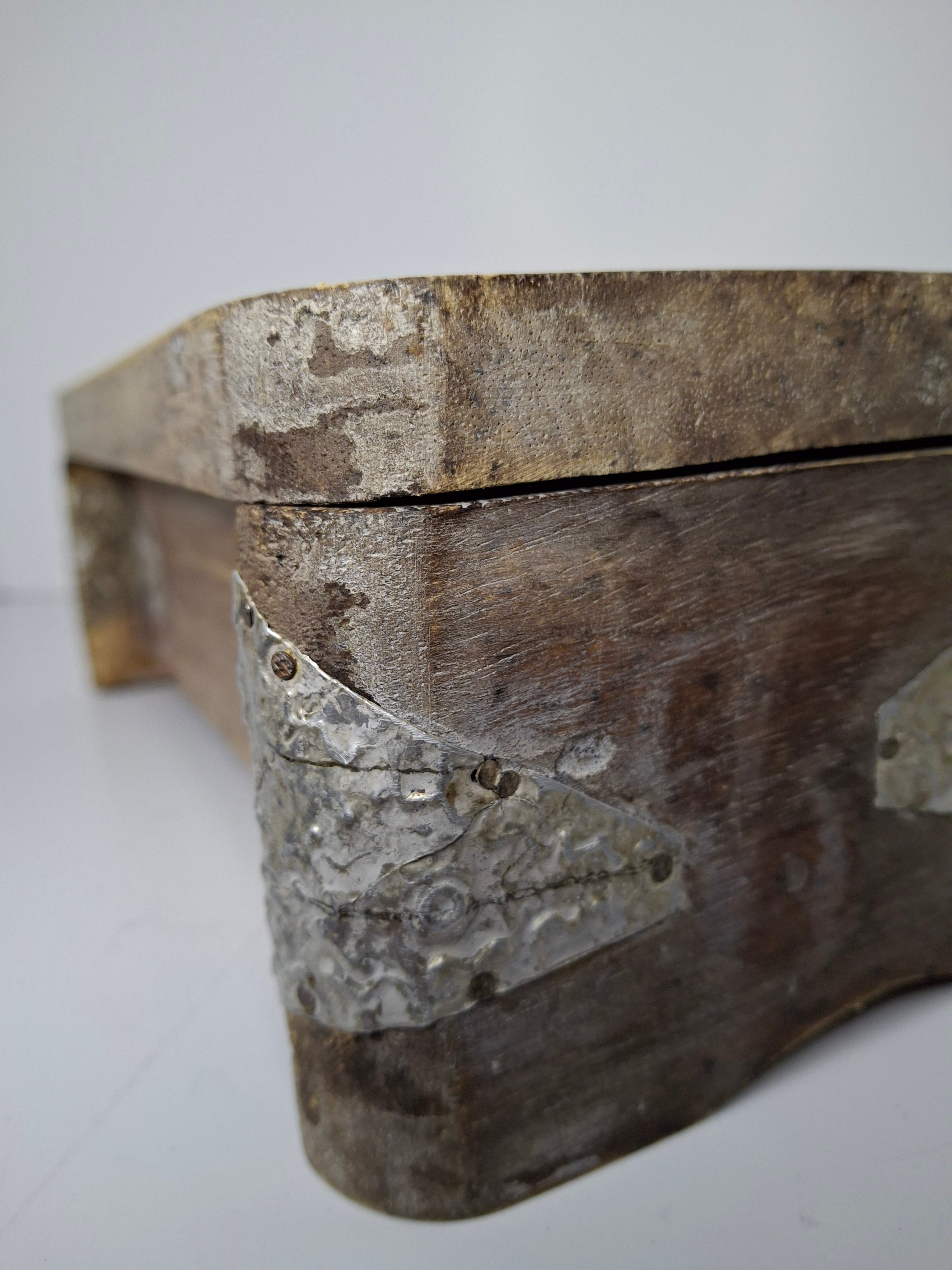 Vintage Wooden Box with Metal Inlay - Rustic Storage Keepsake