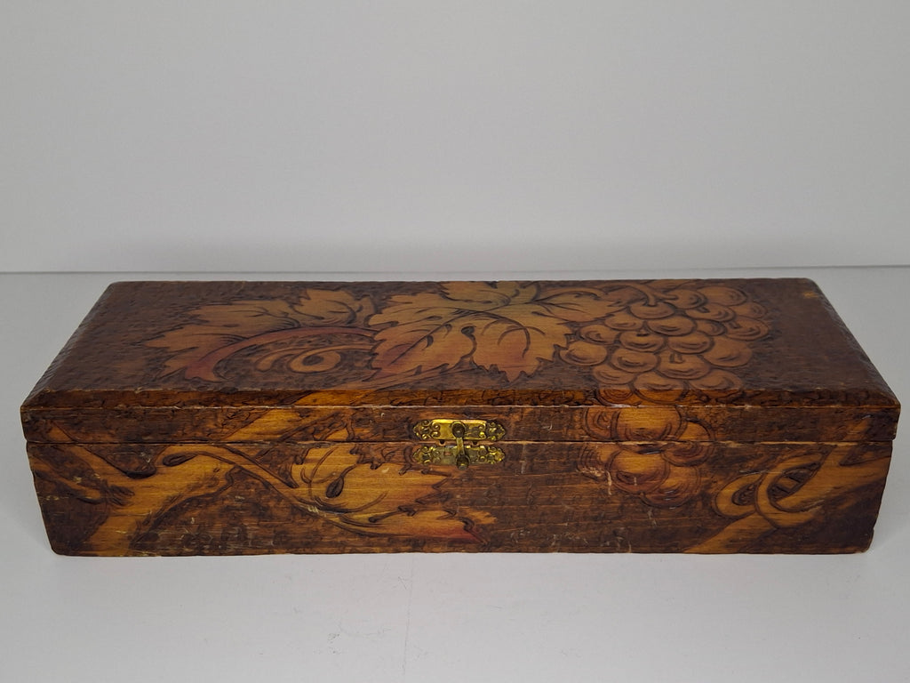 Vintage 1920s-1940s Pyrography Wooden Trinket Box - Hand-Burned Grape Vine Design, Brass Hinge, Partial New York Maker Label