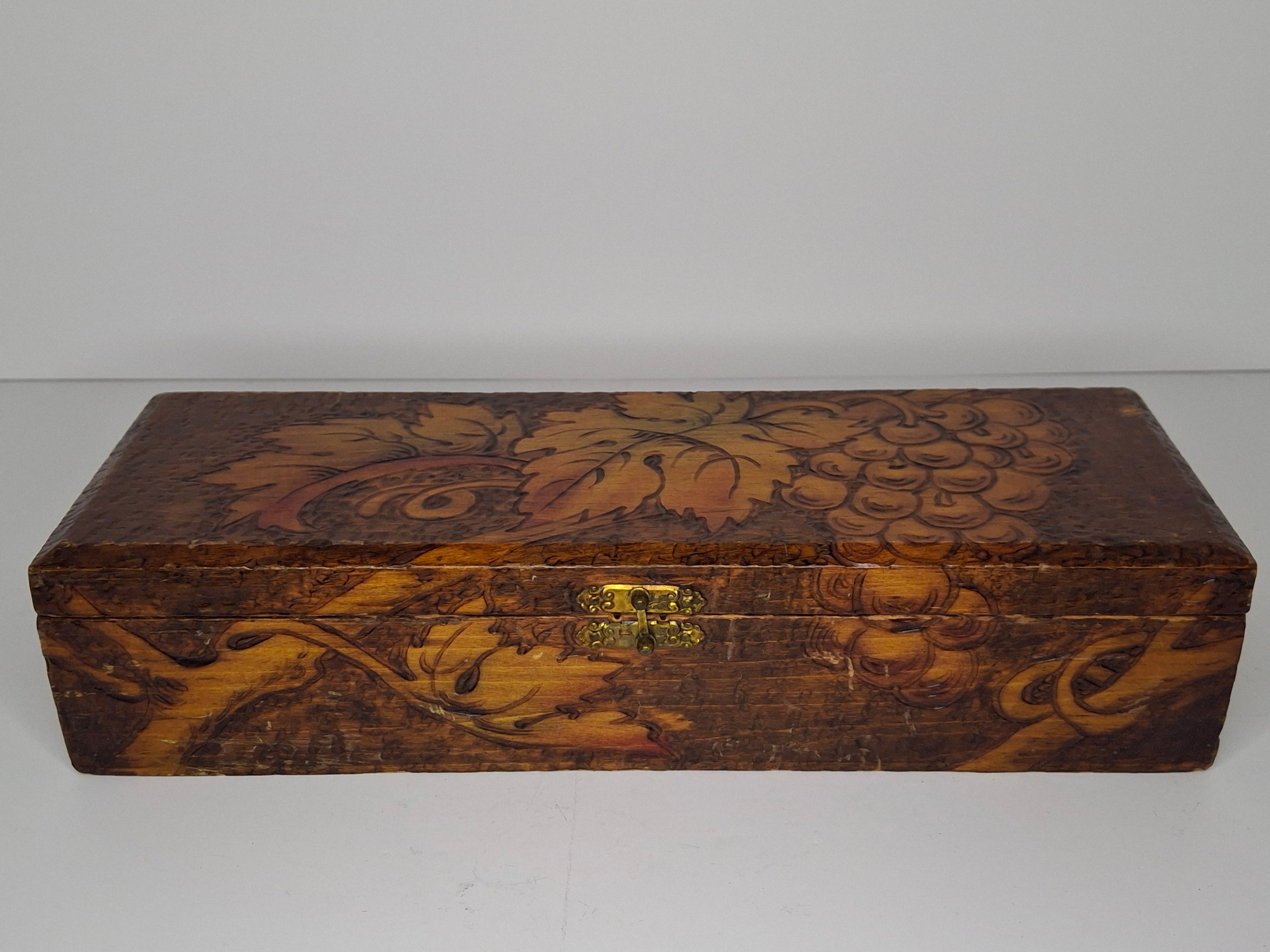 Vintage 1920s-1940s Pyrography Wooden Trinket Box - Hand-Burned Grape Vine Design, Brass Hinge, Partial New York Maker Label