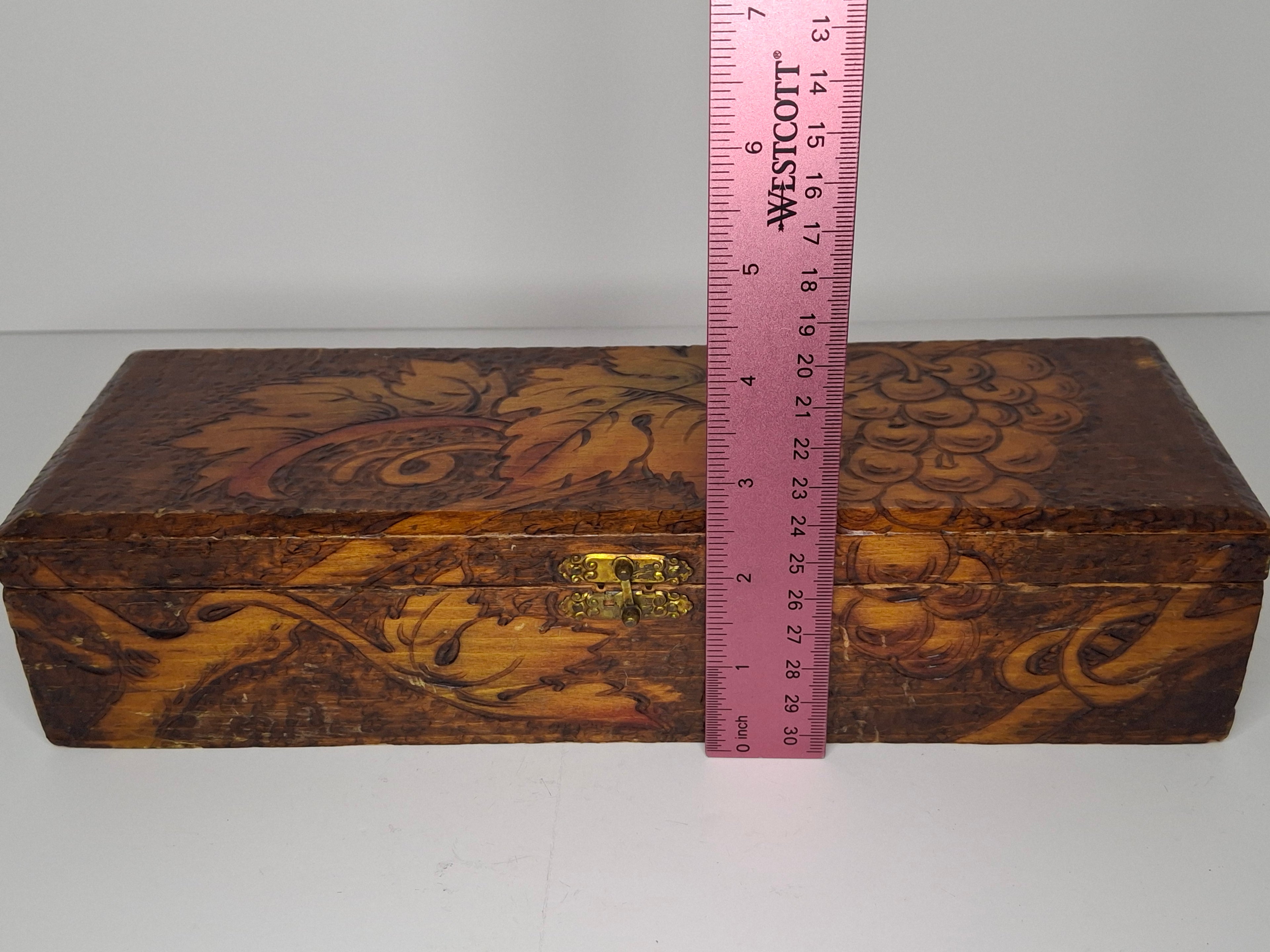 Vintage 1920s-1940s Pyrography Wooden Trinket Box - Hand-Burned Grape Vine Design, Brass Hinge, Partial New York Maker Label