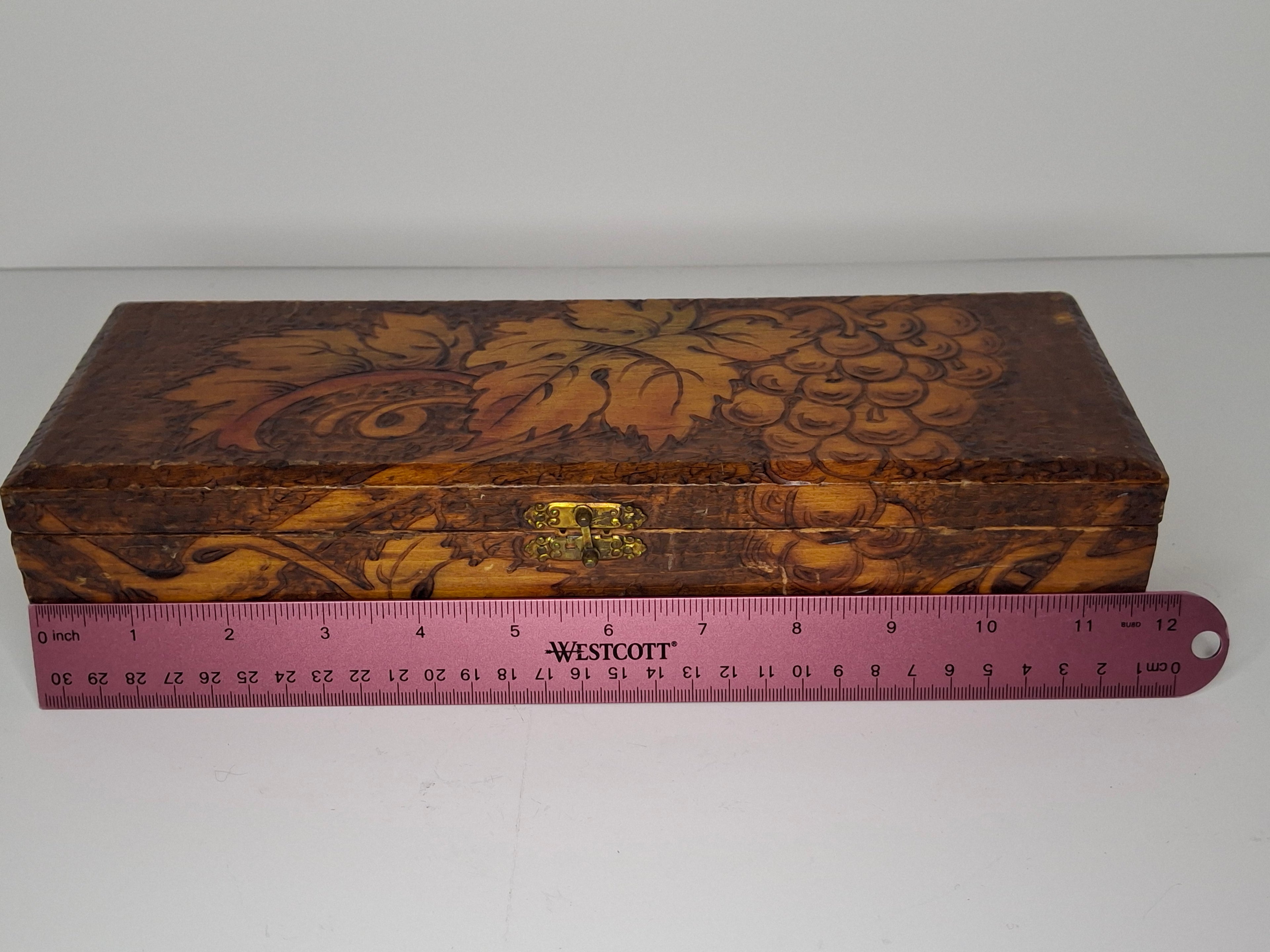 Vintage 1920s-1940s Pyrography Wooden Trinket Box - Hand-Burned Grape Vine Design, Brass Hinge, Partial New York Maker Label