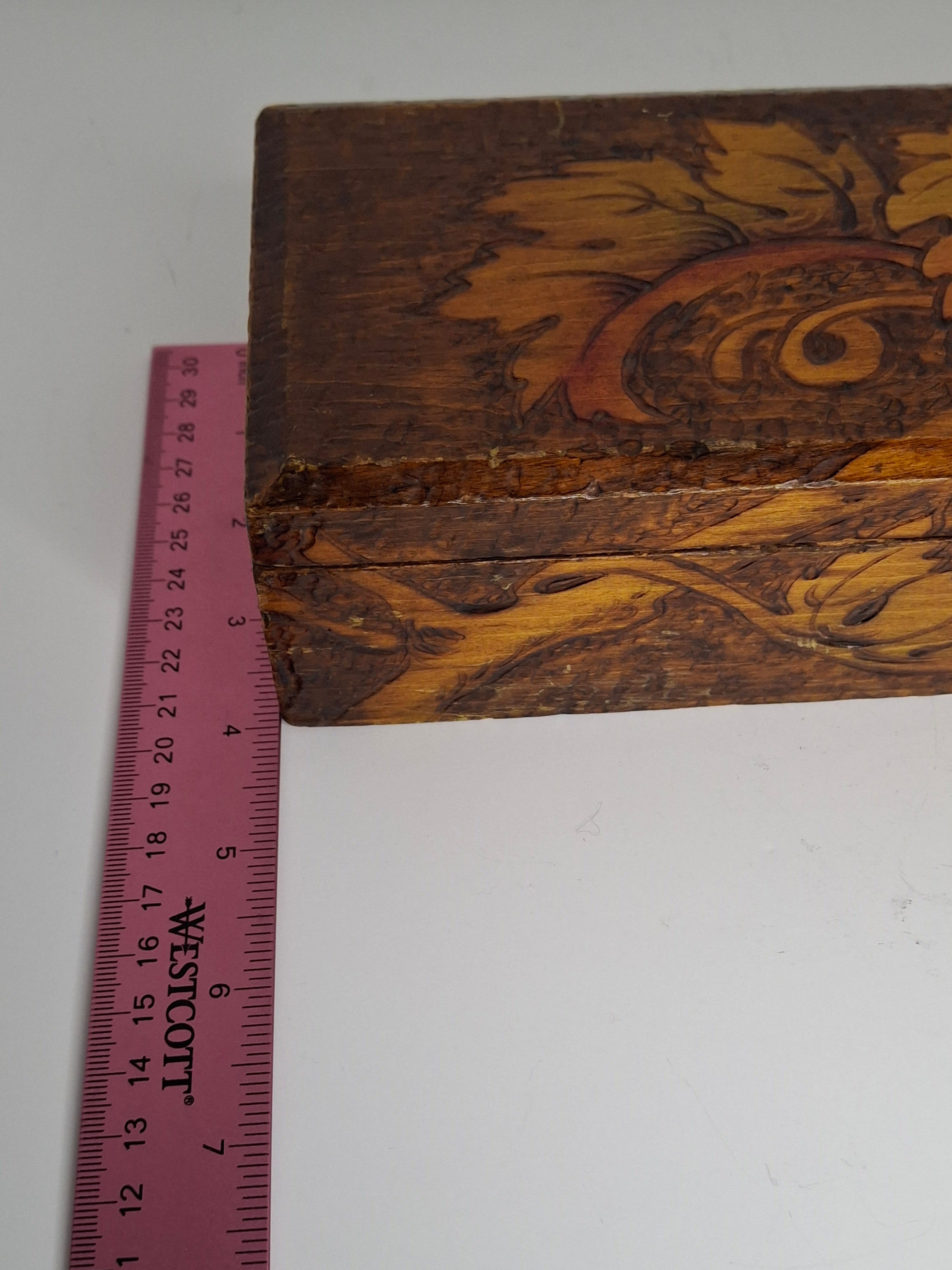 Vintage 1920s-1940s Pyrography Wooden Trinket Box - Hand-Burned Grape Vine Design, Brass Hinge, Partial New York Maker Label