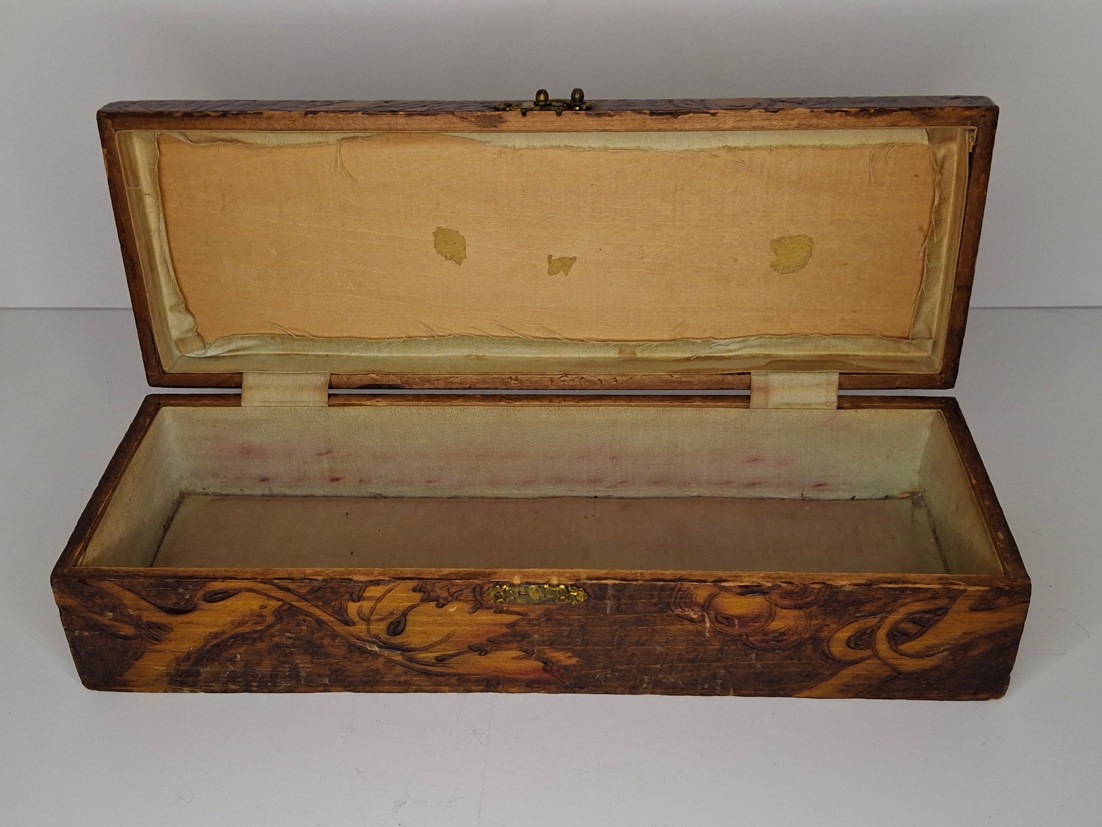 Vintage 1920s-1940s Pyrography Wooden Trinket Box - Hand-Burned Grape Vine Design, Brass Hinge, Partial New York Maker Label