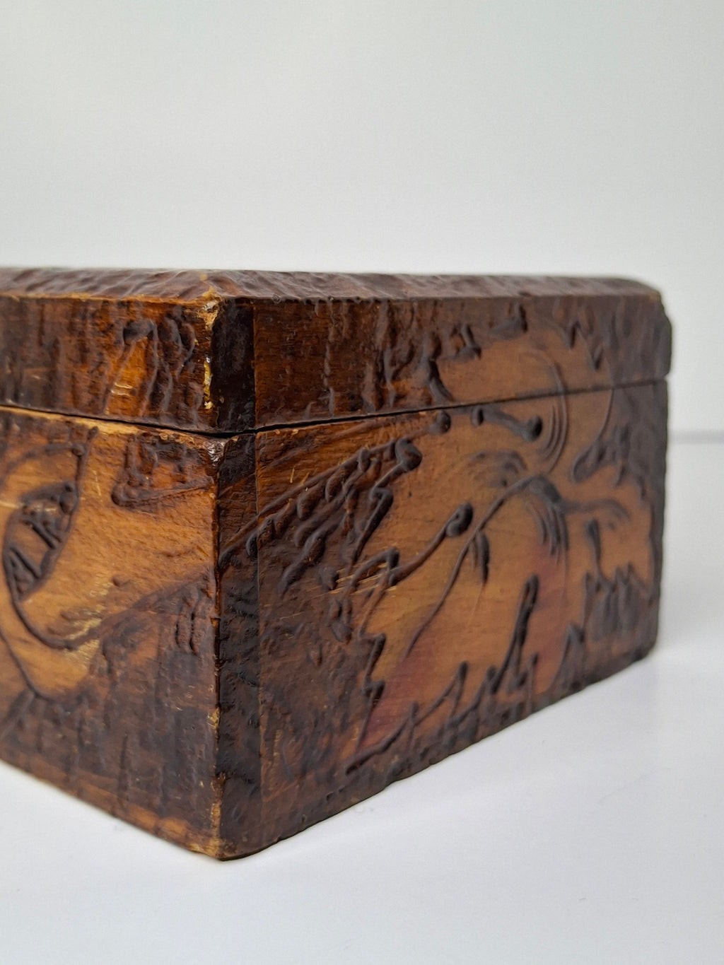 Vintage 1920s-1940s Pyrography Wooden Trinket Box - Hand-Burned Grape Vine Design, Brass Hinge, Partial New York Maker Label