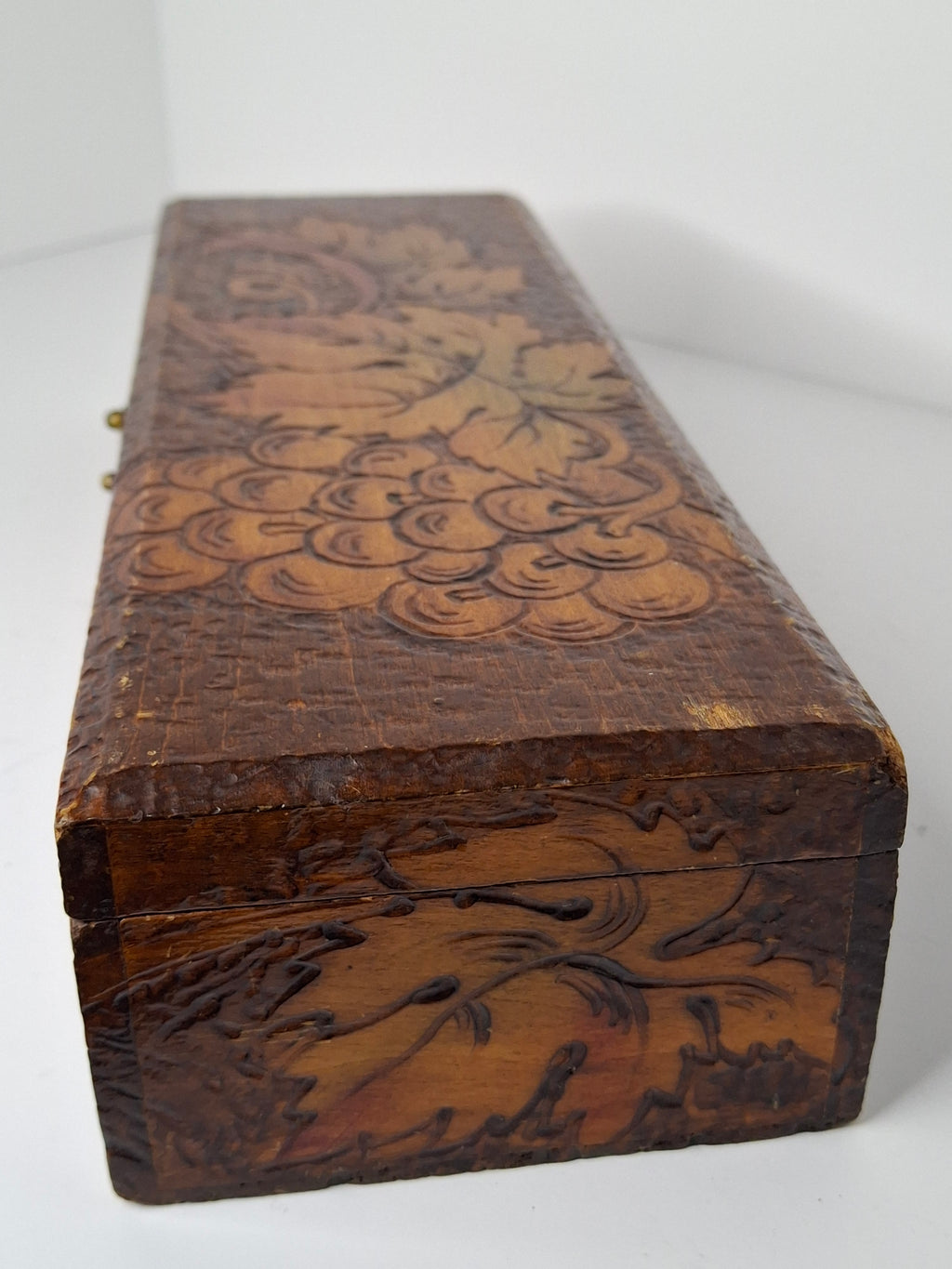 Vintage 1920s-1940s Pyrography Wooden Trinket Box - Hand-Burned Grape Vine Design, Brass Hinge, Partial New York Maker Label