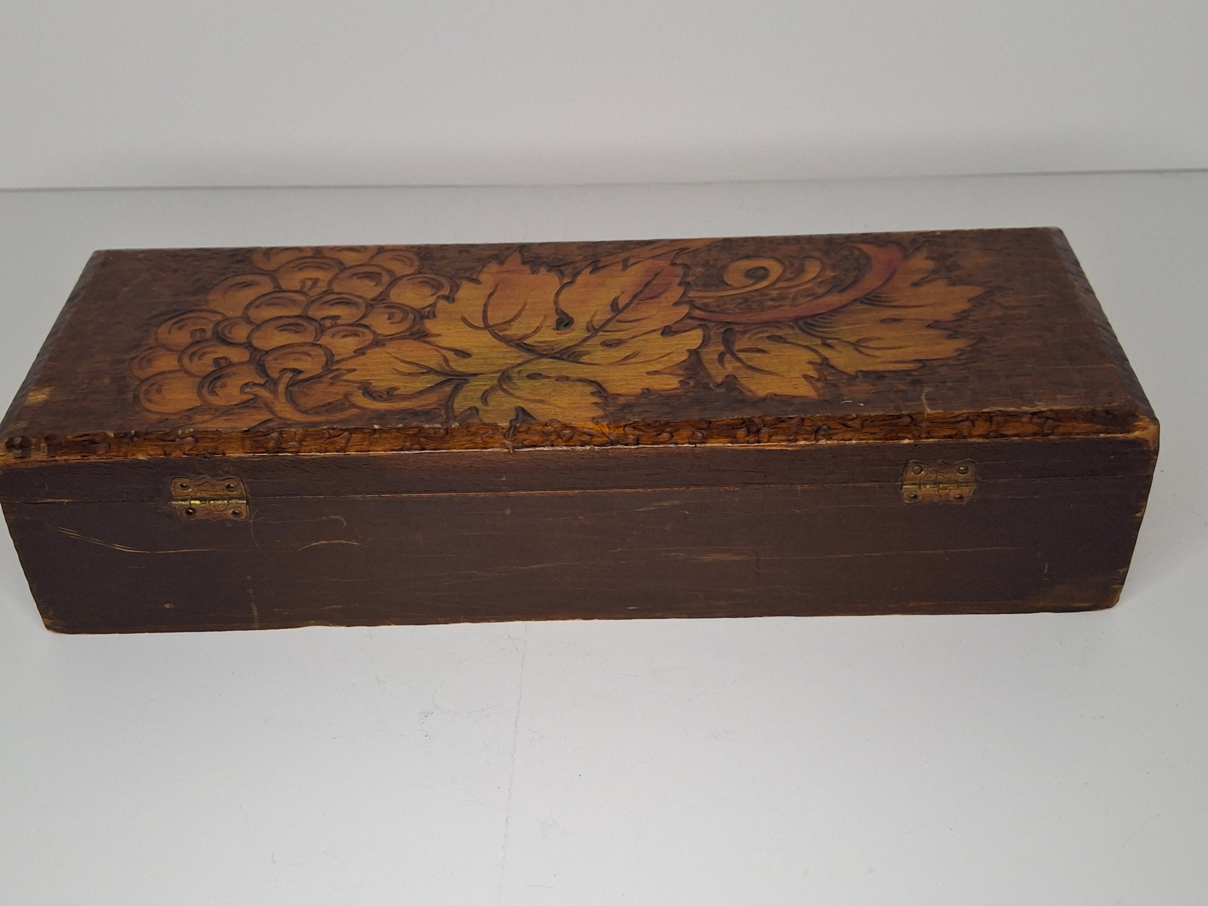Vintage 1920s-1940s Pyrography Wooden Trinket Box - Hand-Burned Grape Vine Design, Brass Hinge, Partial New York Maker Label