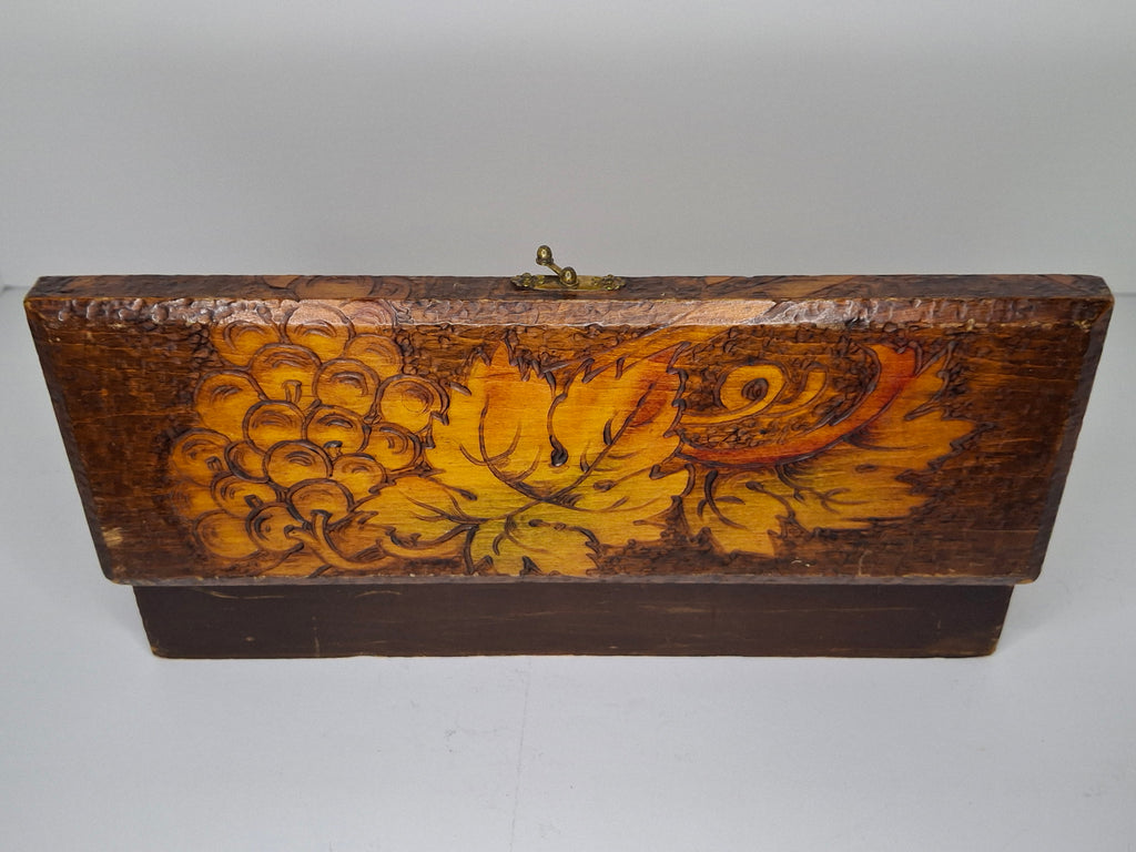 Vintage 1920s-1940s Pyrography Wooden Trinket Box - Hand-Burned Grape Vine Design, Brass Hinge, Partial New York Maker Label