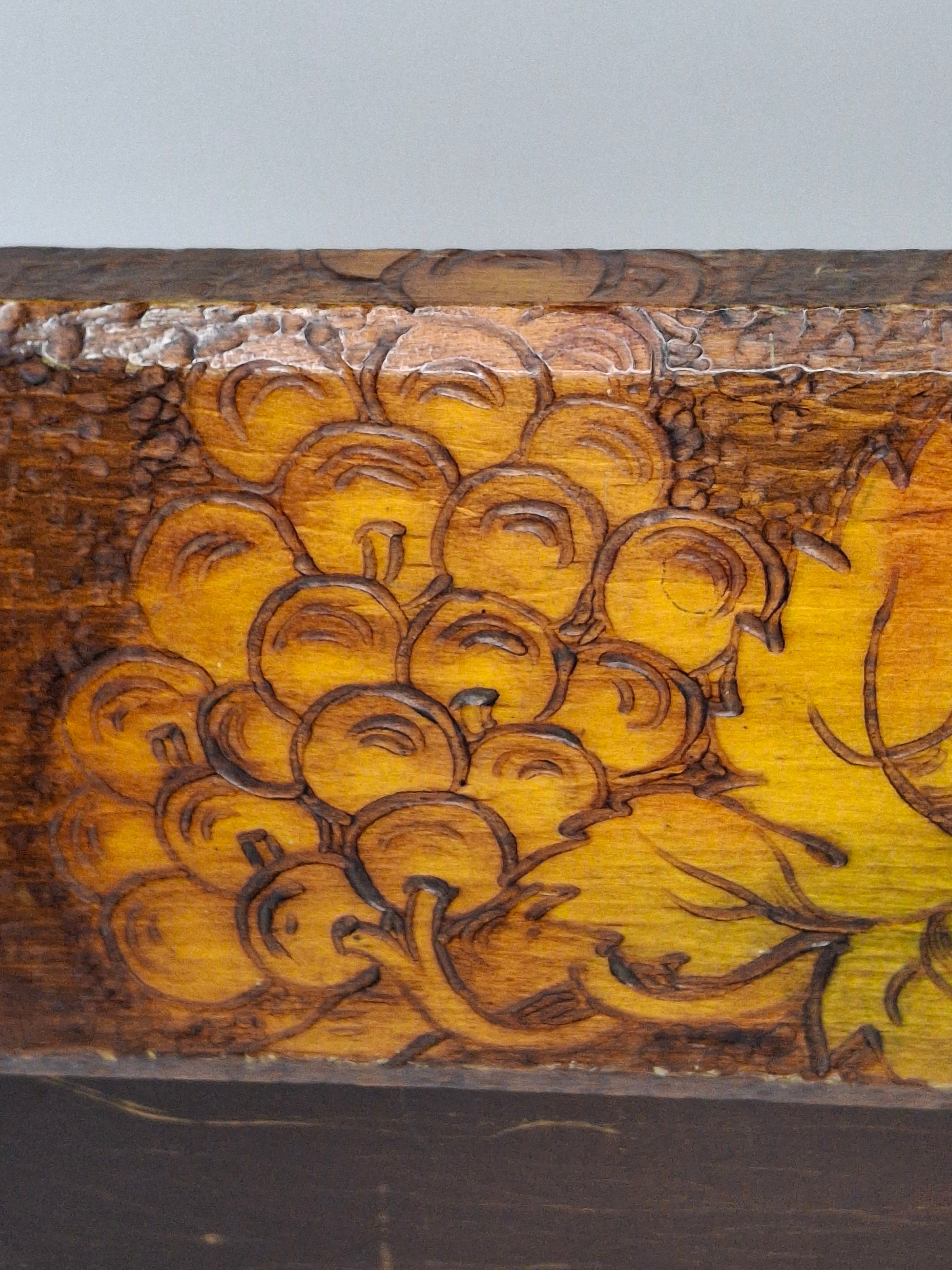 Vintage 1920s-1940s Pyrography Wooden Trinket Box - Hand-Burned Grape Vine Design, Brass Hinge, Partial New York Maker Label