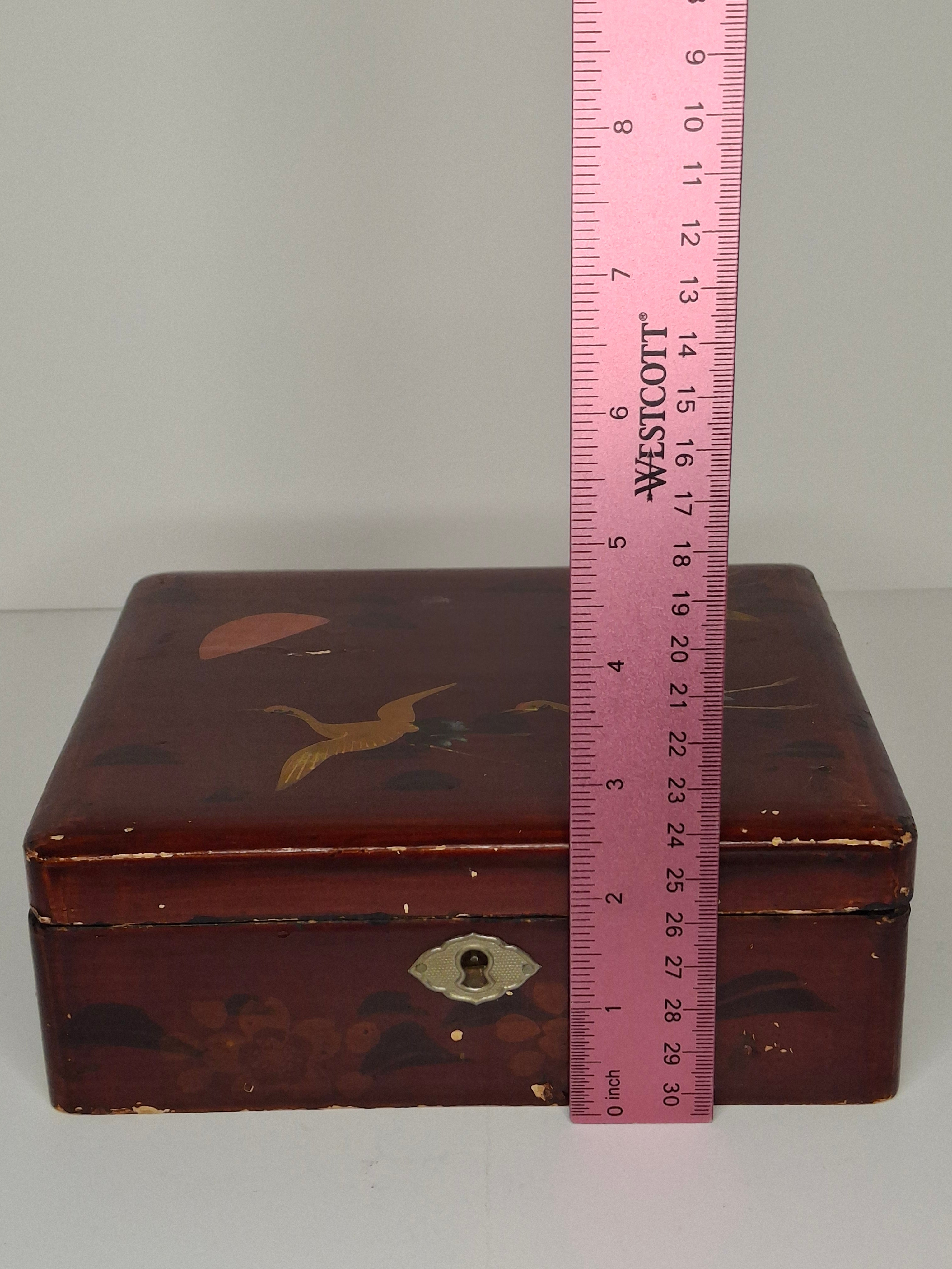 Vintage Japanese Red Lacquer Box Gold Crane Motif, Maki-e Decorated Trinket Box