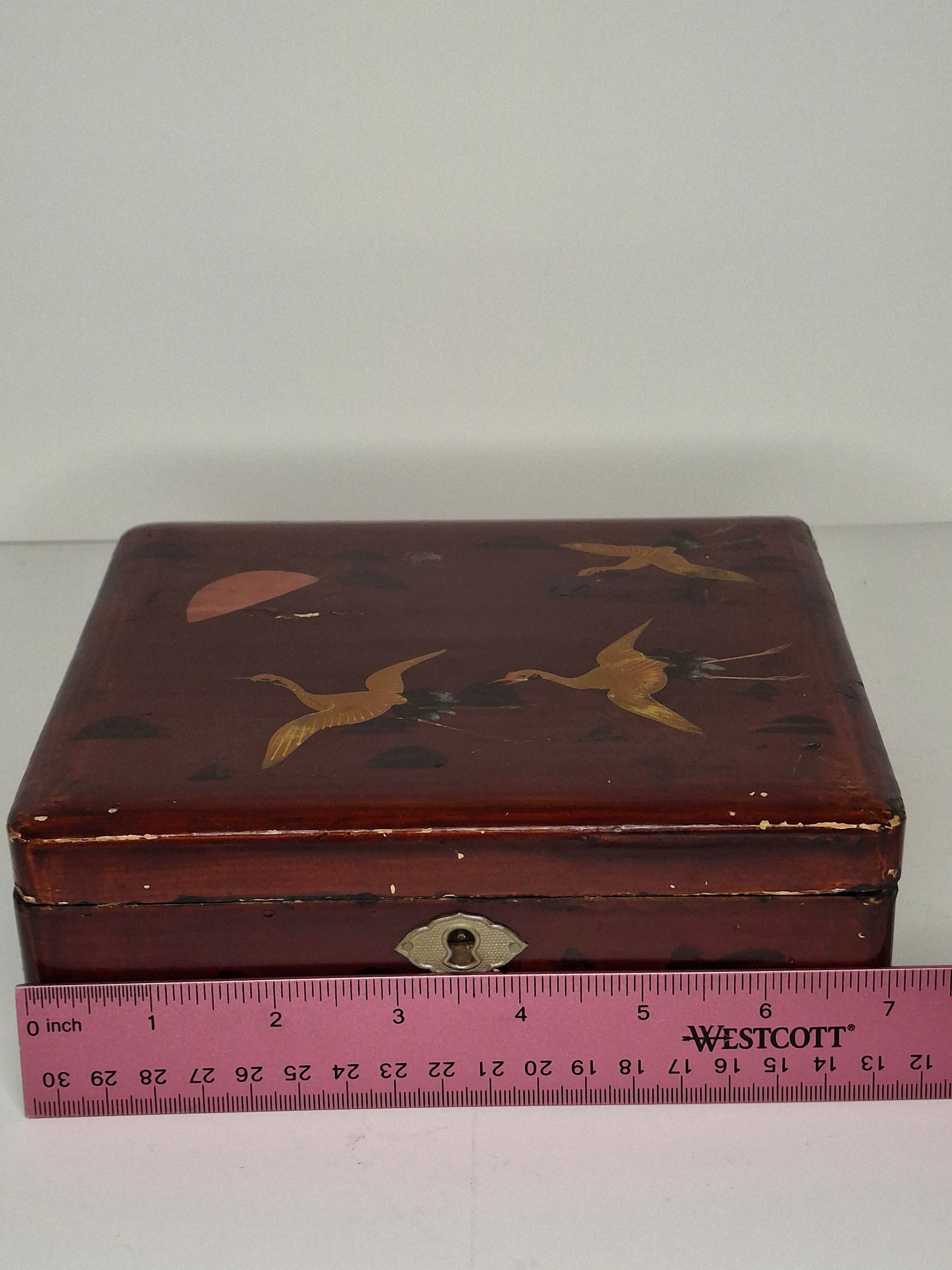 Vintage Japanese Red Lacquer Box Gold Crane Motif, Maki-e Decorated Trinket Box