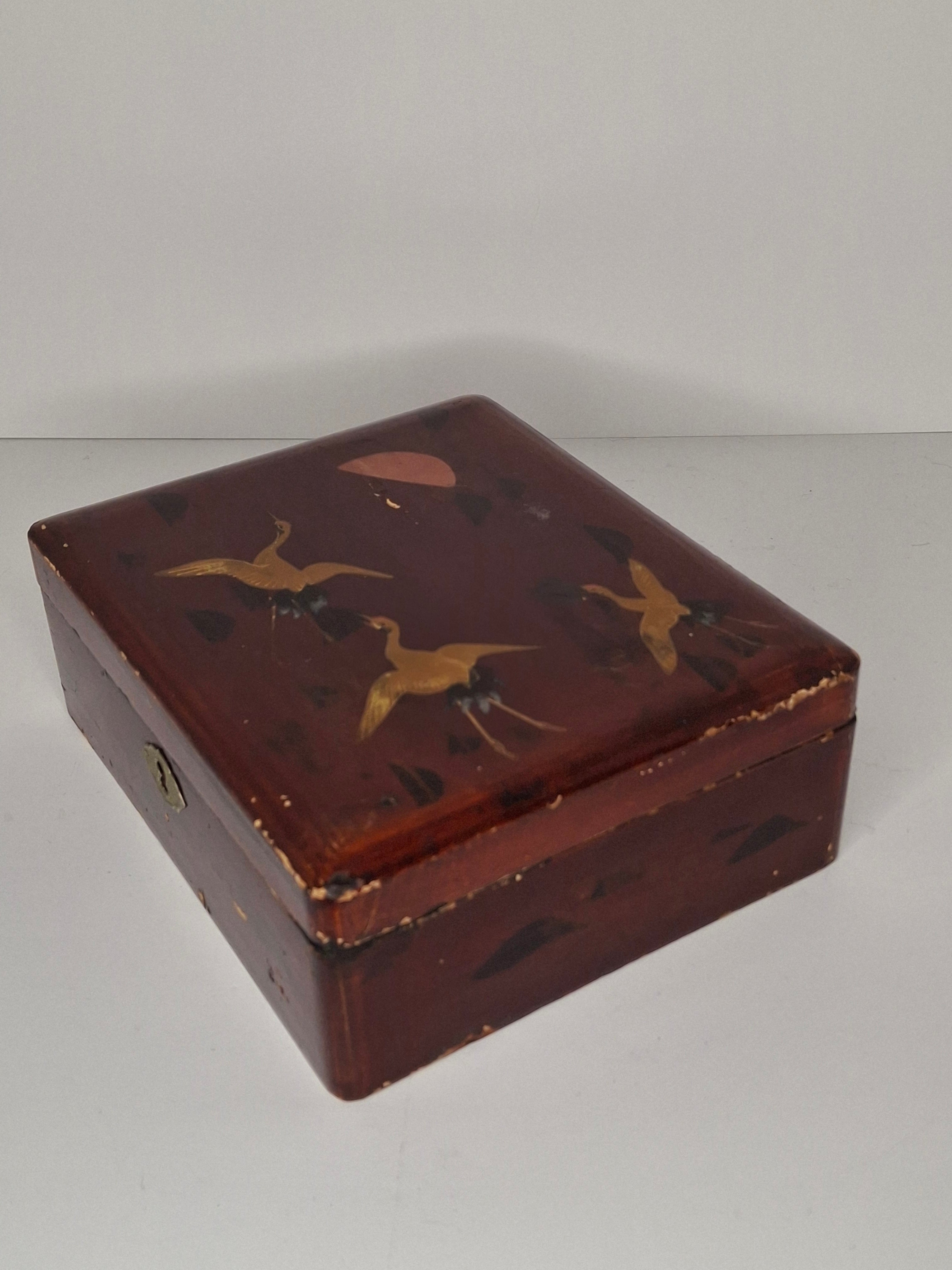 Vintage Japanese Red Lacquer Box Gold Crane Motif, Maki-e Decorated Trinket Box