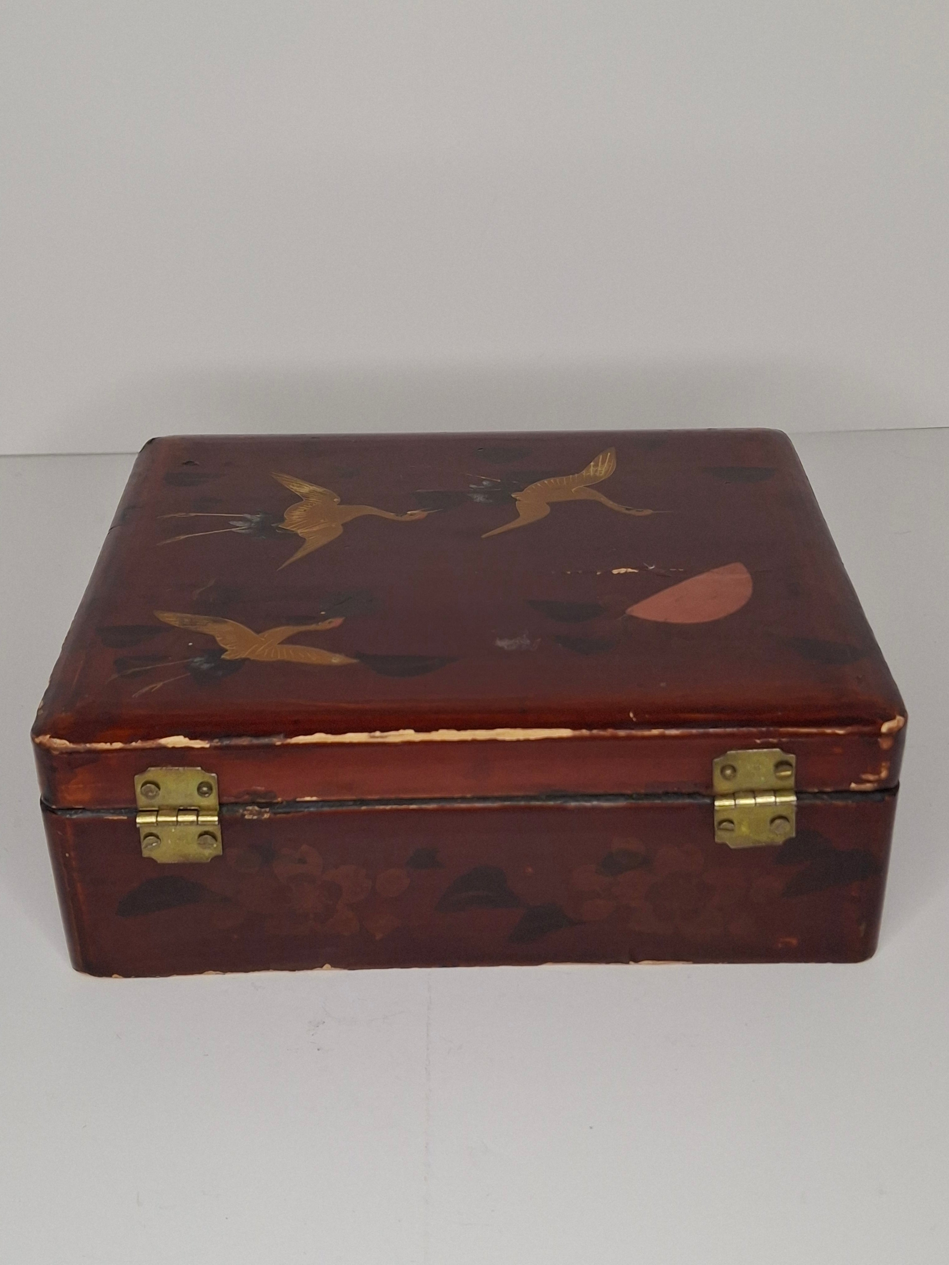 Vintage Japanese Red Lacquer Box Gold Crane Motif, Maki-e Decorated Trinket Box