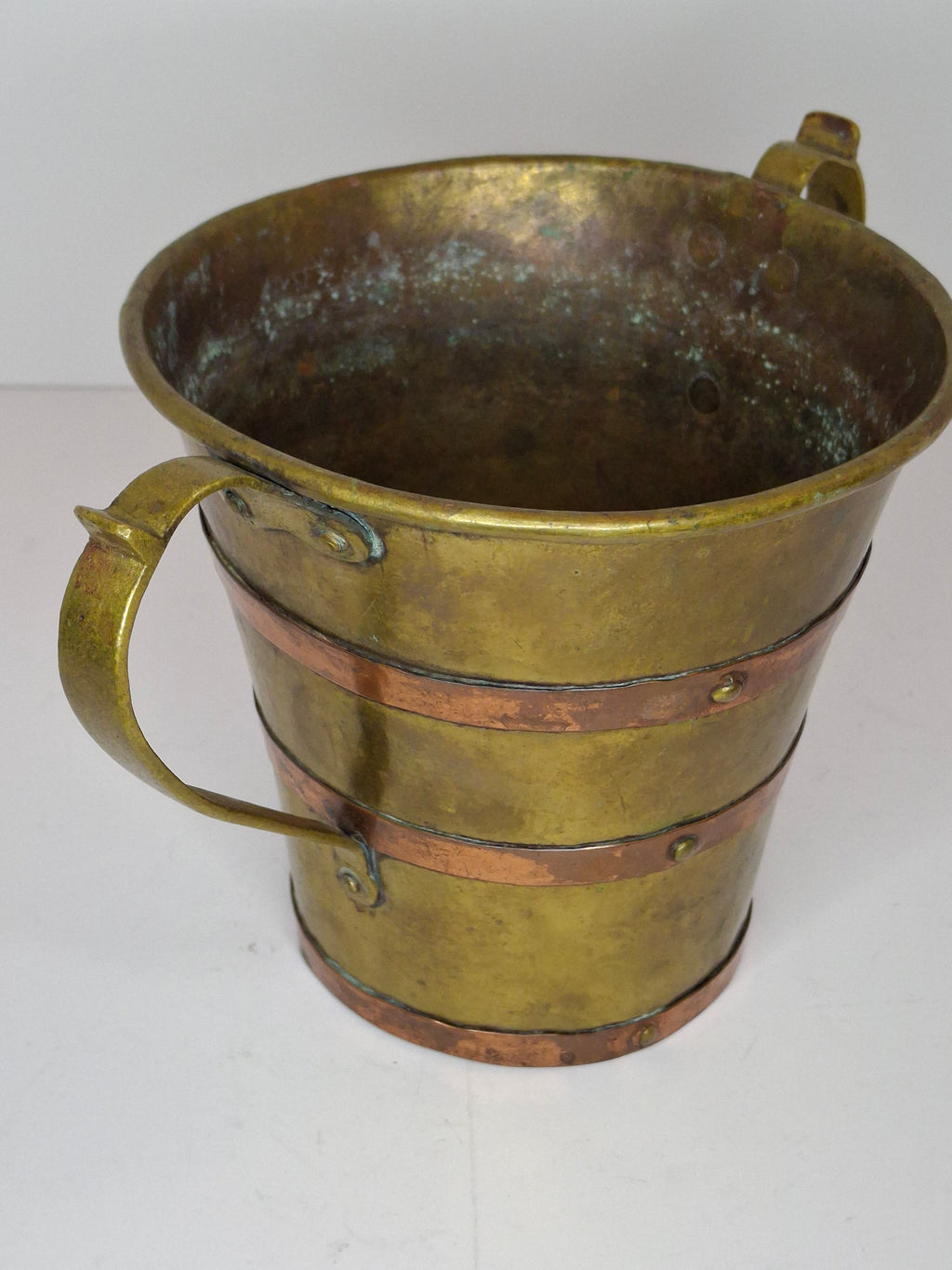 Antique 18th or 19thC Brass & Copper Measure Two-Handled Wash Cup Netilat Yadayim Negel Vasser