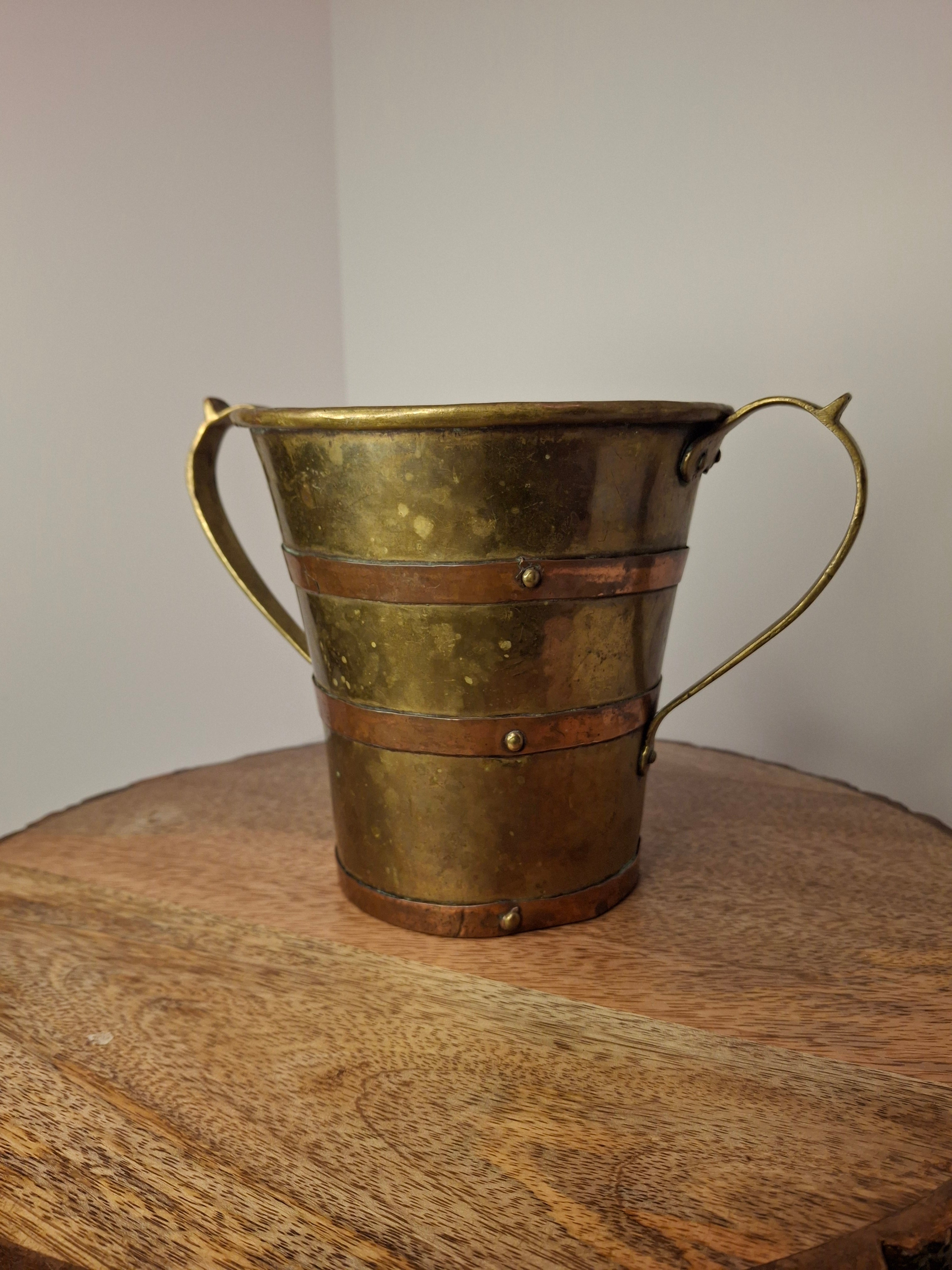 Antique 18th or 19thC Brass & Copper Measure Two-Handled Wash Cup Netilat Yadayim Negel Vasser