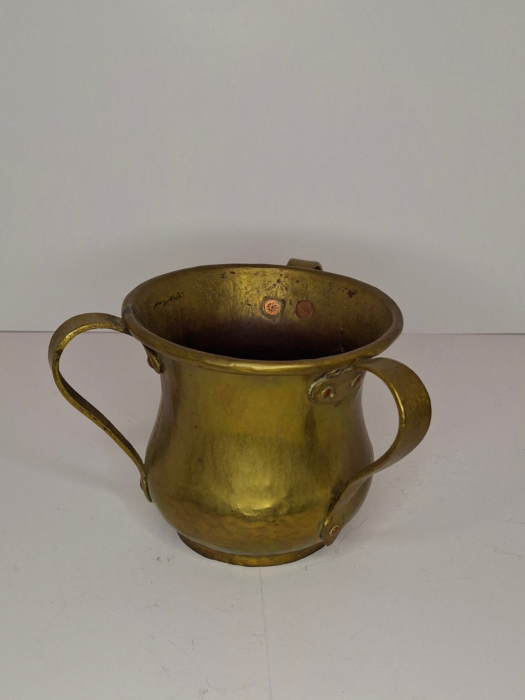 Antique Russian Brass Three-Handled Netilat Yadayim Cup - Hand Washing Laver, Marked with Double-Headed Eagle, Judaica (Circa Late 19th to Early 20th Century)