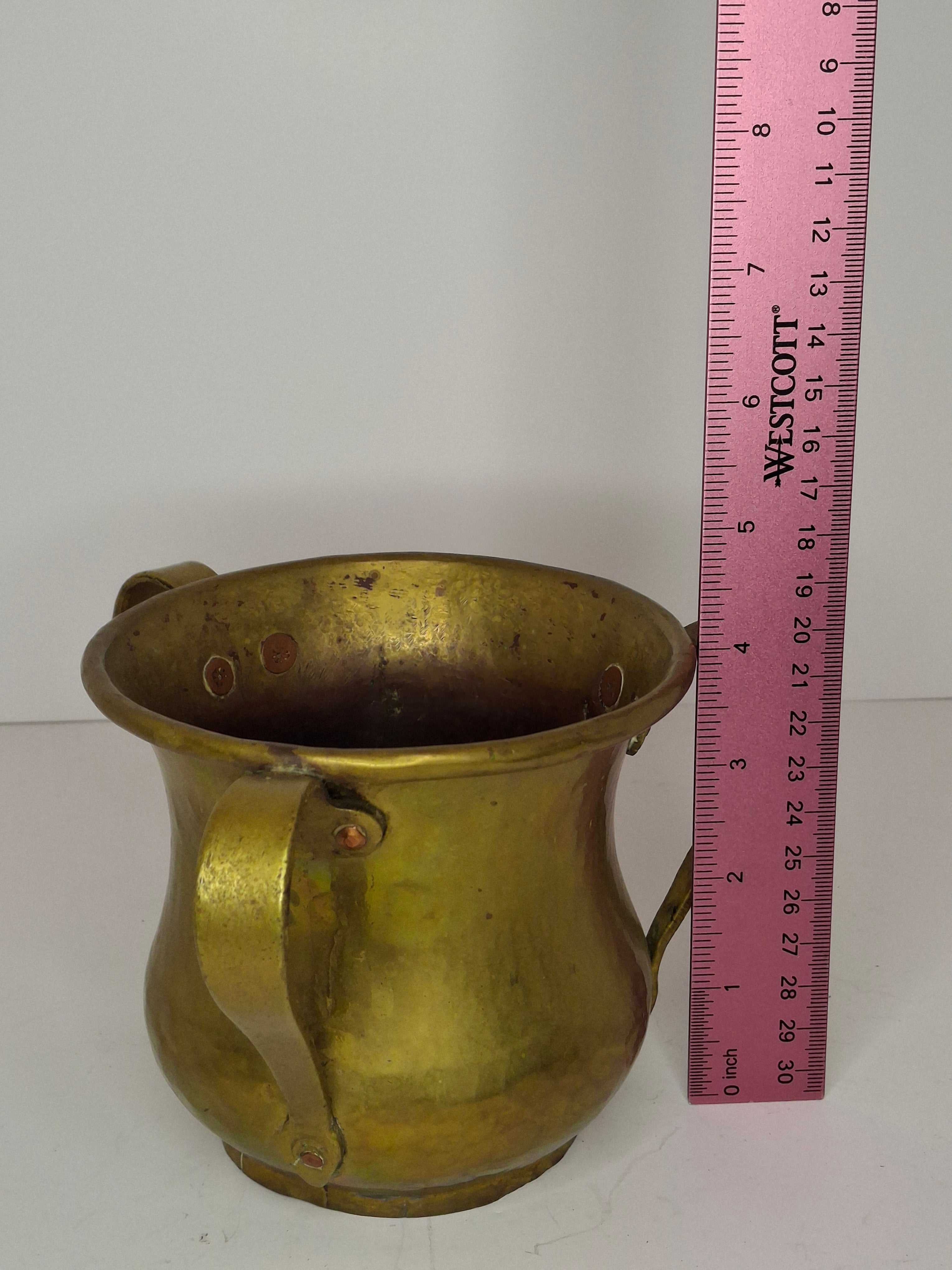 Antique Russian Brass Three-Handled Netilat Yadayim Cup - Hand Washing Laver, Marked with Double-Headed Eagle, Judaica (Circa Late 19th to Early 20th Century)