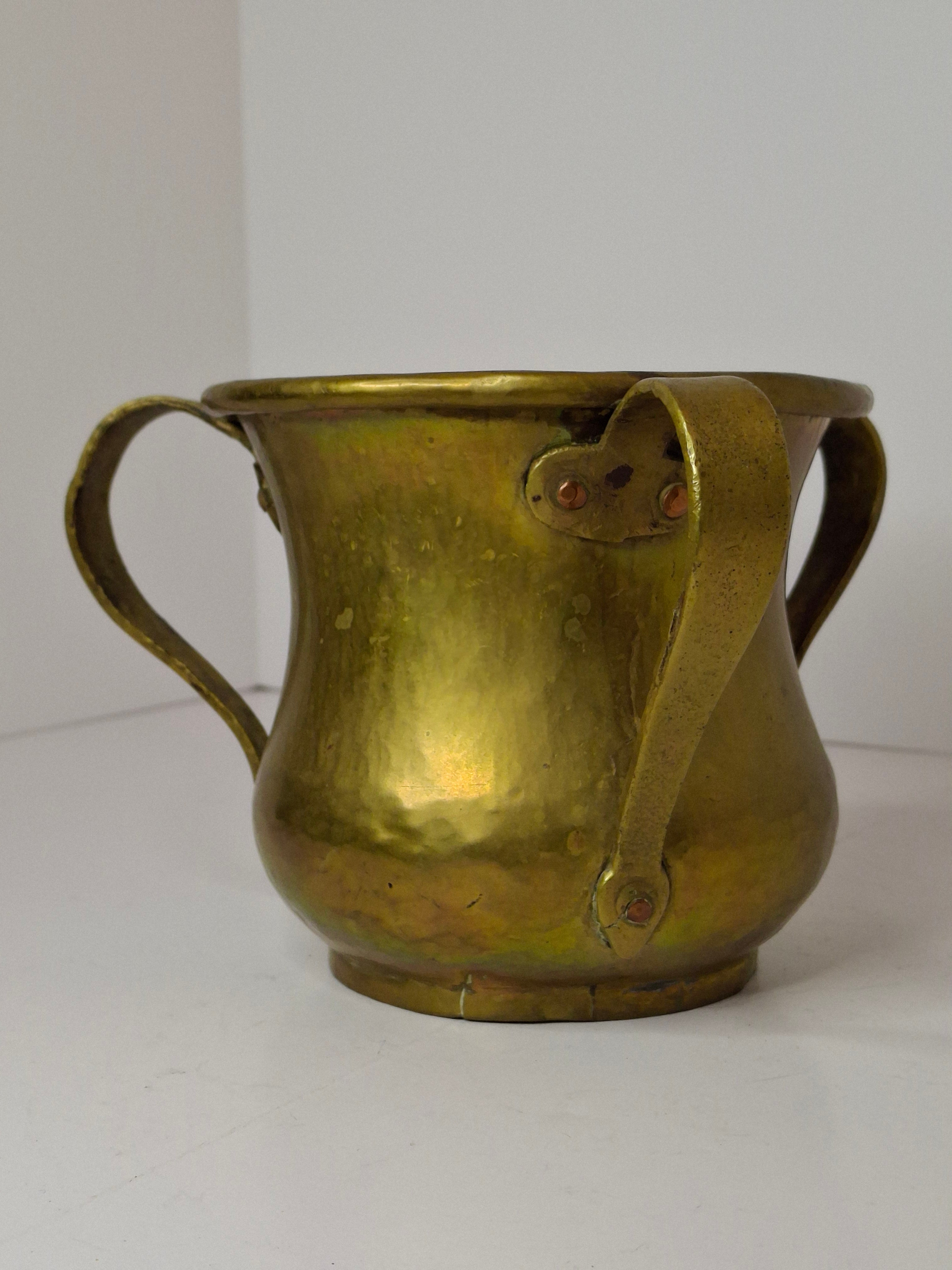 Antique Russian Brass Three-Handled Netilat Yadayim Cup - Hand Washing Laver, Marked with Double-Headed Eagle, Judaica (Circa Late 19th to Early 20th Century)