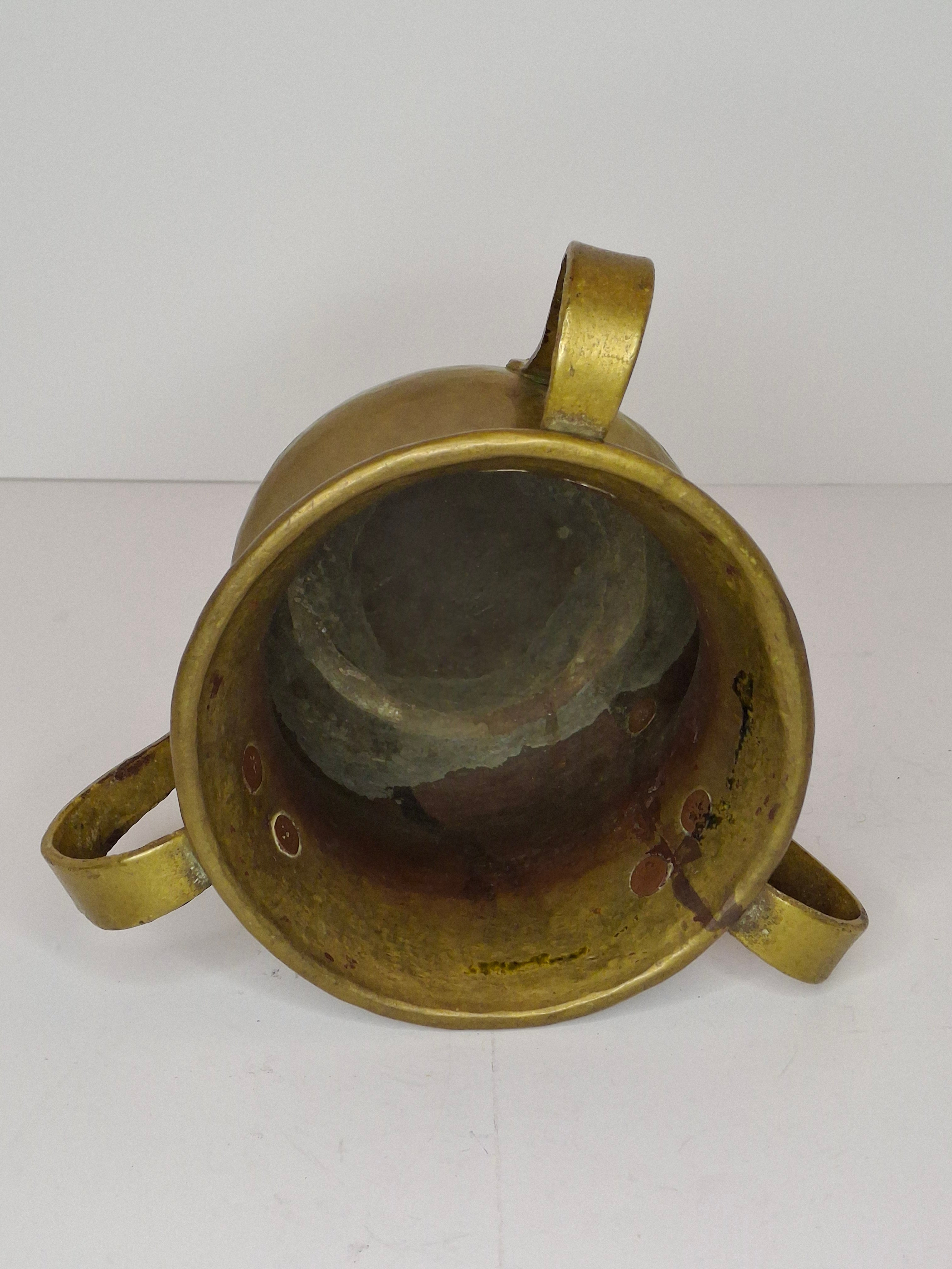 Antique Russian Brass Three-Handled Netilat Yadayim Cup - Hand Washing Laver, Marked with Double-Headed Eagle, Judaica (Circa Late 19th to Early 20th Century)