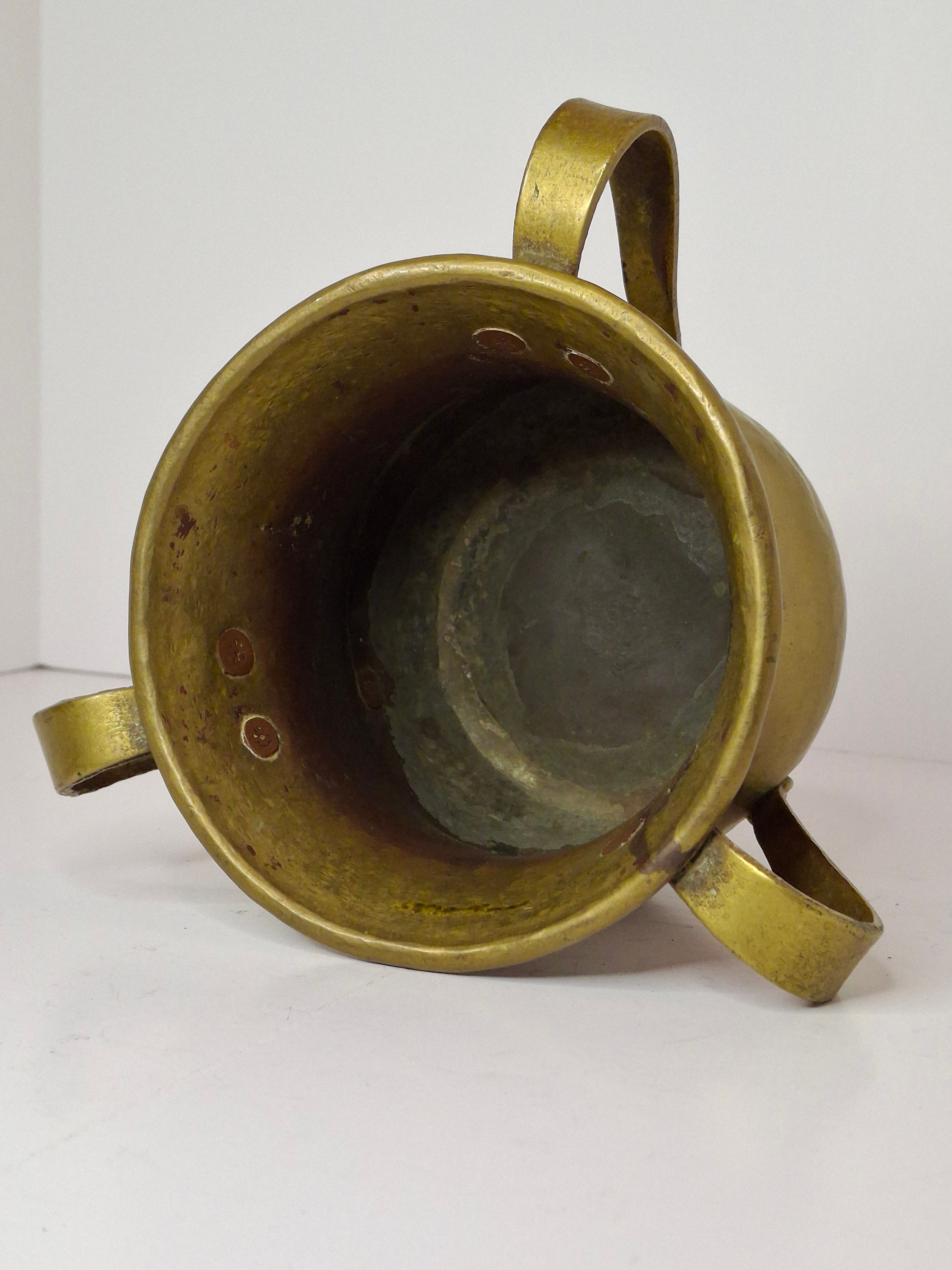Antique Russian Brass Three-Handled Netilat Yadayim Cup - Hand Washing Laver, Marked with Double-Headed Eagle, Judaica (Circa Late 19th to Early 20th Century)