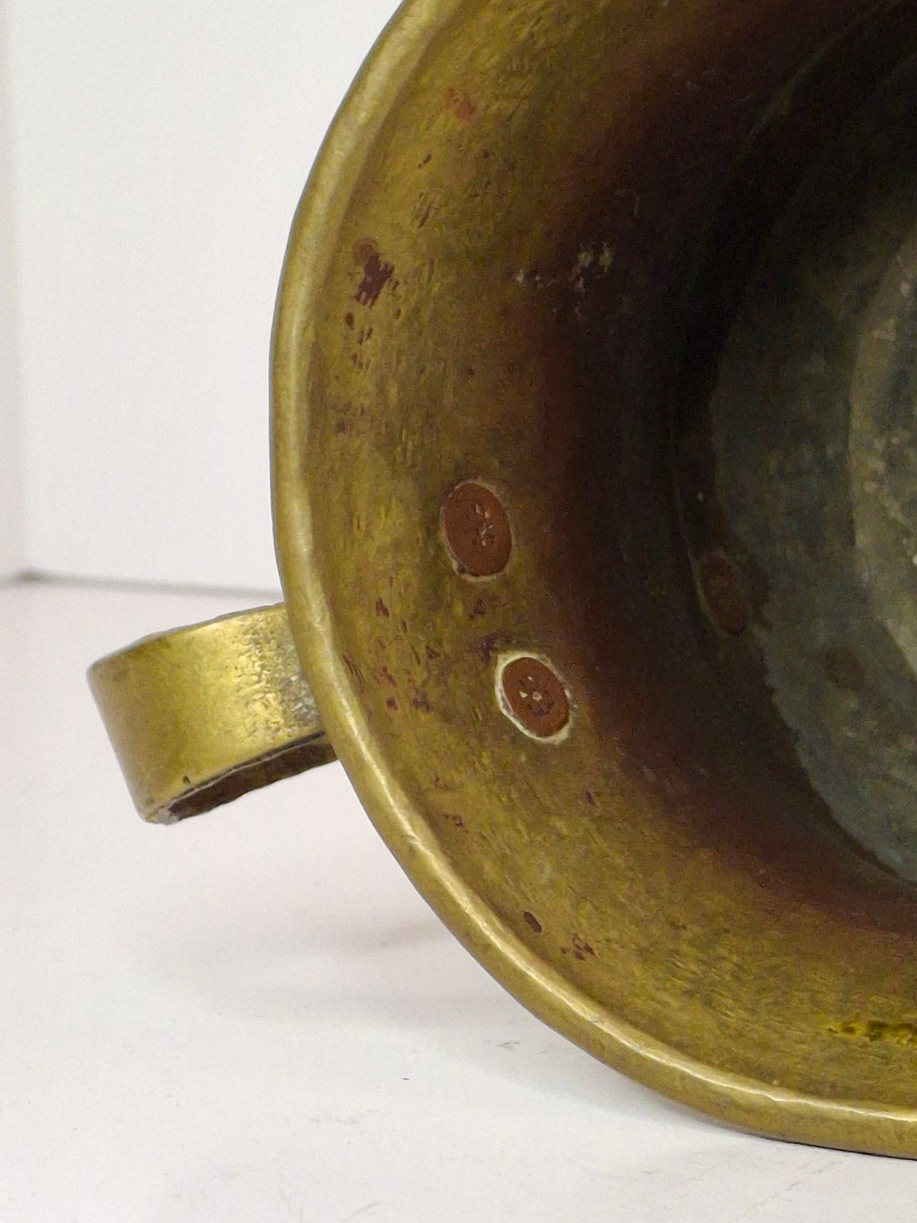 Antique Russian Brass Three-Handled Netilat Yadayim Cup - Hand Washing Laver, Marked with Double-Headed Eagle, Judaica (Circa Late 19th to Early 20th Century)