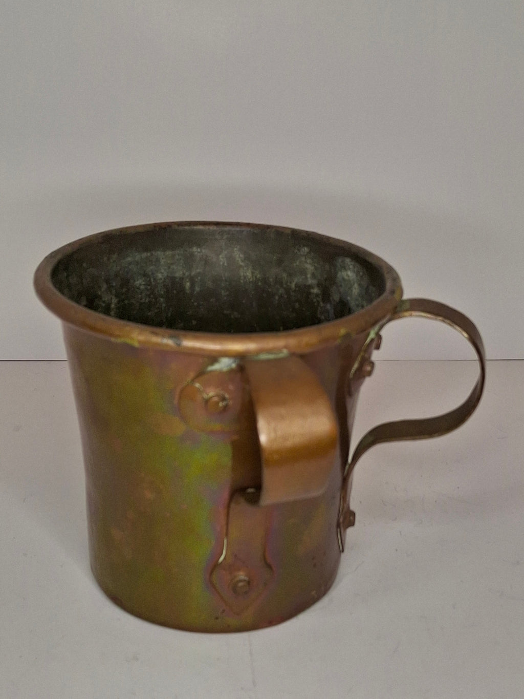 Rainbow Patina Antique Brass Double-Handled Netilat Yadayim Cup – Eastern European Judaica c.1890-1910 w/ Period Repairs